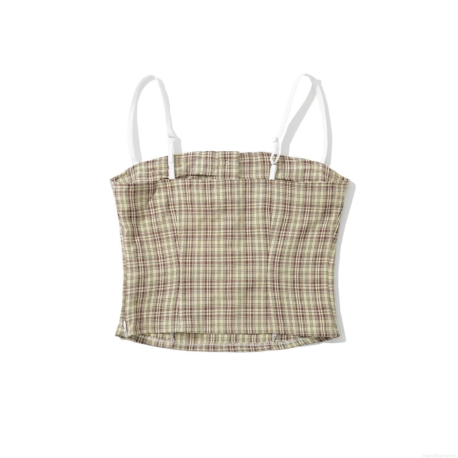 Women Plaid Camisole Top and Mini Skirt Set Rayon Polyester Patchwork Button Decor Sleeveless Two Piece Outfits Streetwear Khaki