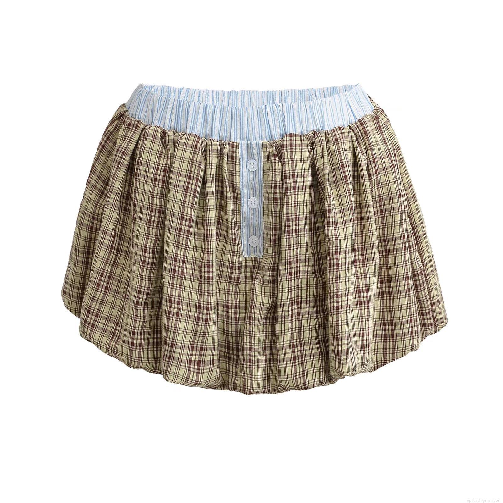 Women Plaid Camisole Top and Mini Skirt Set Rayon Polyester Patchwork Button Decor Sleeveless Two Piece Outfits Streetwear Khaki