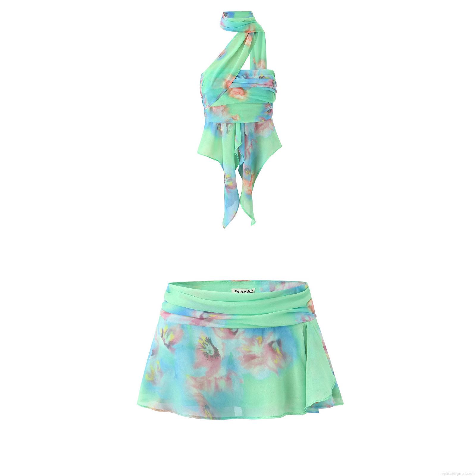 Women's Sexy Floral Print Halter Neck Top And Pleated Mini Skirt Set Irregular Chiffon Two Piece Outfits For Summer Beach Party Streetwear
