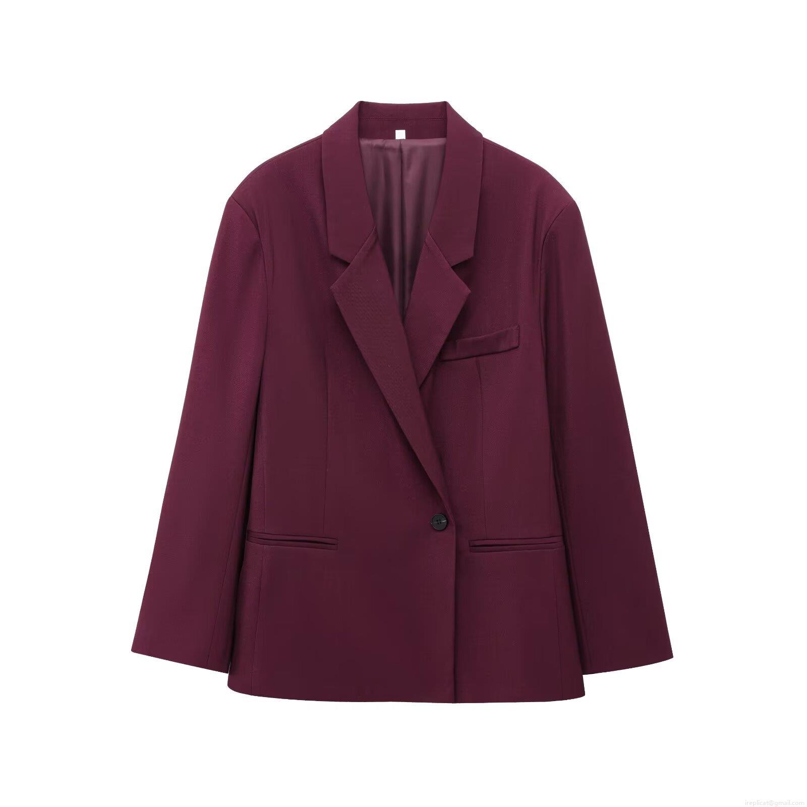 Women Two Piece Blazer Set Solid Color Lapel Long Sleeve Loose Suit Jacket And Pleated Wide Leg Pants Elegant Professional Office Lady Workwear Set Polyester Blend Burgundy