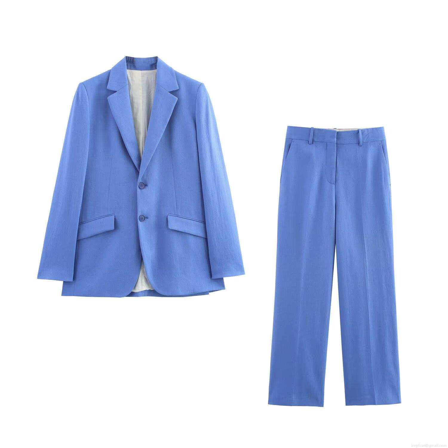 Women's Business Suit Set Linen Blend Single Breasted Blazer High Waist Straight Leg Pants Two Piece Professional Office Work Wear Outfits Streetwear Solid Color