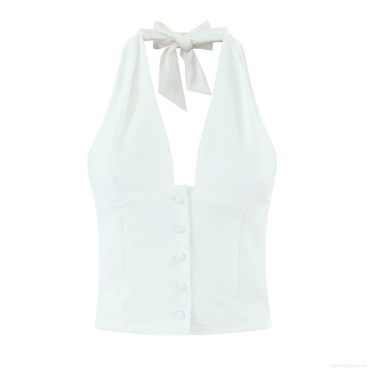 Sexy White Polyester Lace Trim Halter Neck Backless Button Vest And Ruffle Mini Skirt Two Piece Set Women Summer Streetwear Outfit