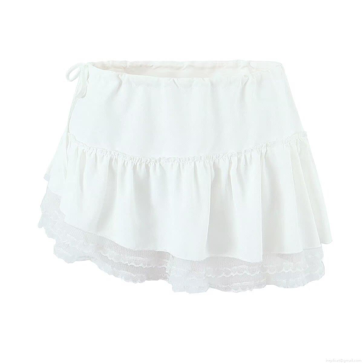 Sexy White Polyester Lace Trim Halter Neck Backless Button Vest And Ruffle Mini Skirt Two Piece Set Women Summer Streetwear Outfit