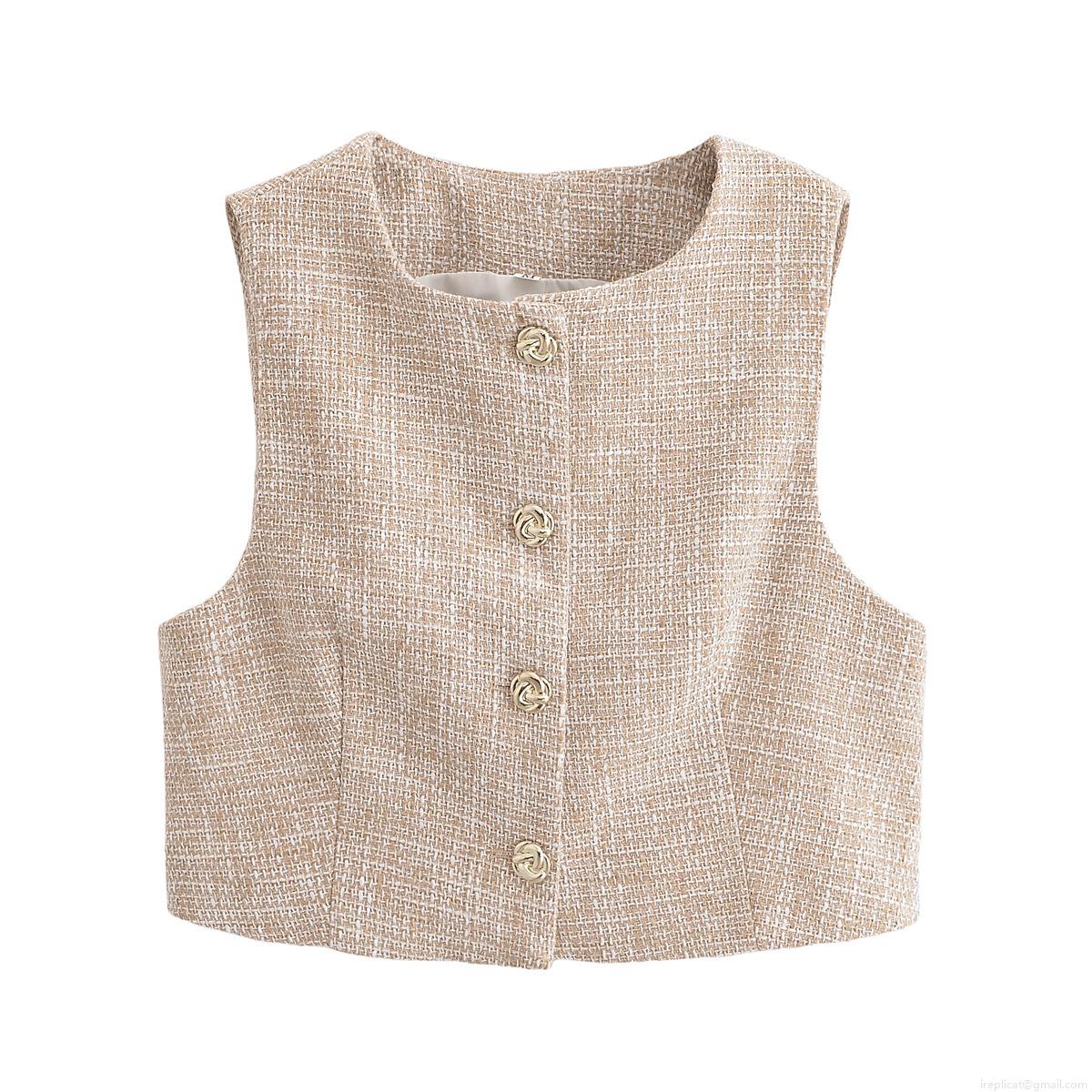 Women\'s Elegant Tweed Two Piece Set Sleeveless Button Down Vest With Belted Skort Culottes Casual Streetwear Summer Outfit