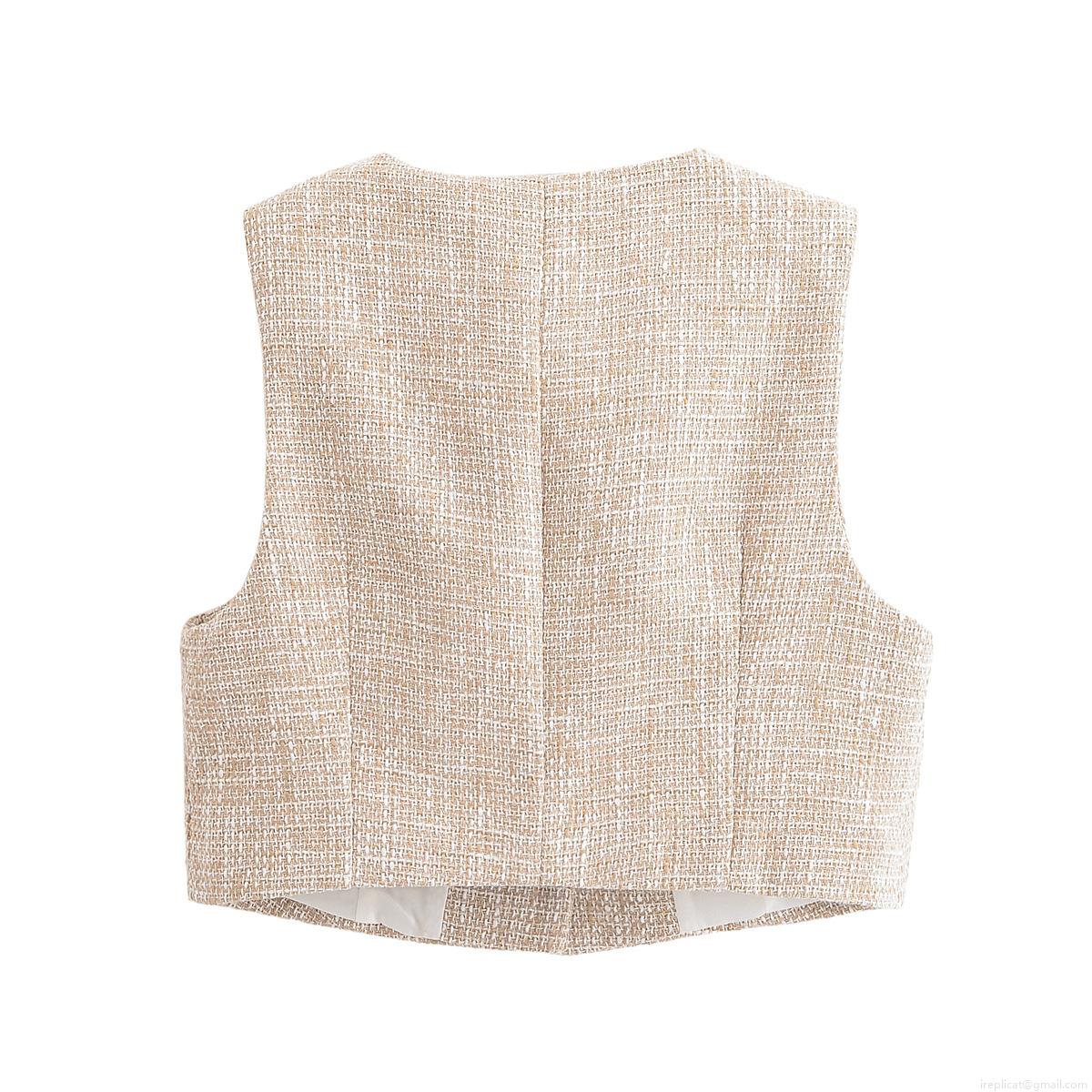 Women\'s Elegant Tweed Two Piece Set Sleeveless Button Down Vest With Belted Skort Culottes Casual Streetwear Summer Outfit