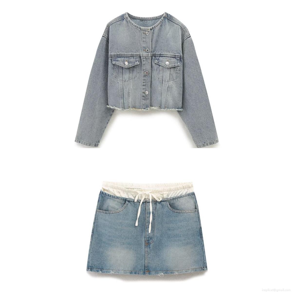 Women's Two Piece Denim Skirt Set Cotton Short Round Neck Long Sleeve Jacket And Drawstring Elastic Waist Mini Skirt Light Blue Washed Streetwear Women's Two Piece Denim Skirt Set Cotton Short Round Neck Long Sleeve Jacket And Drawstring Elastic Waist Mini Skirt Light Blue Washed Streetwear