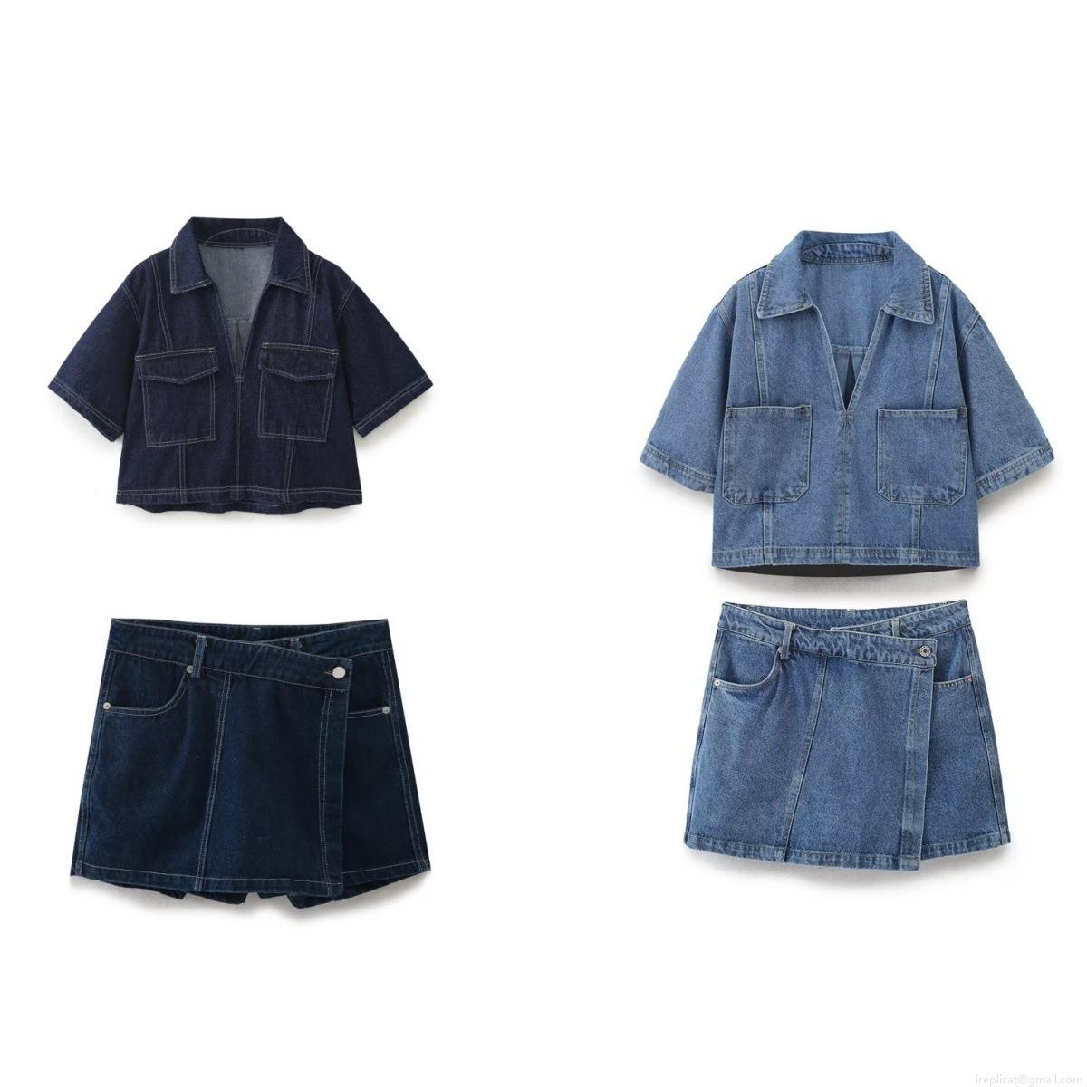 Women's Denim 2-Piece Set Short Sleeve Button Up V-Neck Shirt And Asymmetric Wrap Skort Washed Blue Retro Streetwear Summer Outfits Casual Two Piece Clothing For Women Women's Denim 2-Piece Set Short Sleeve Button Up V-Neck Shirt And Asymmetric Wrap Skort Washed Blue Retro Streetwear Summer Outfits Casual Two Piece Clothing For Women