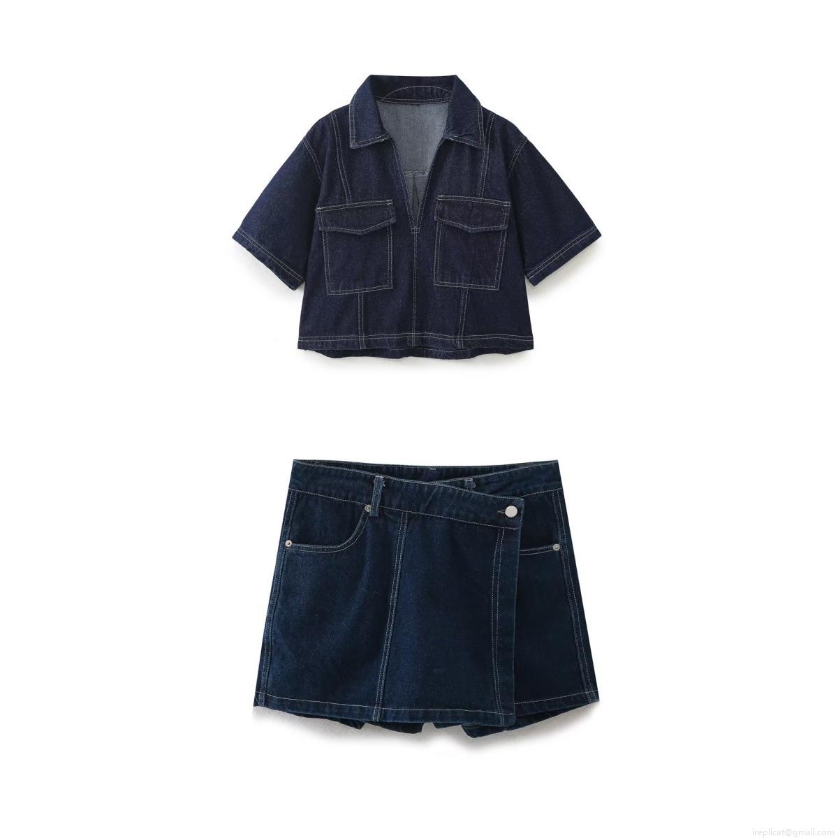 Women\'s Denim 2-Piece Set Short Sleeve Button Up V-Neck Shirt And Asymmetric Wrap Skort Washed Blue Retro Streetwear Summer Outfits Casual Two Piece Clothing For Women