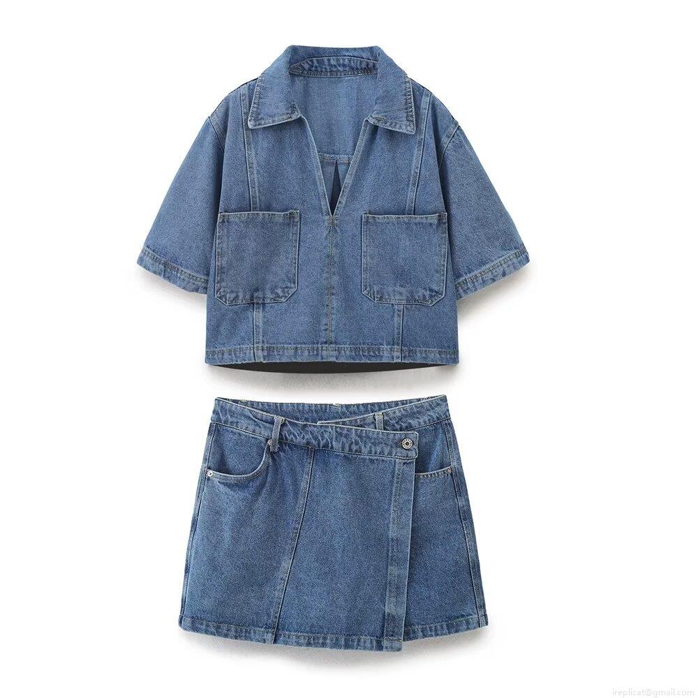Women\'s Denim 2-Piece Set Short Sleeve Button Up V-Neck Shirt And Asymmetric Wrap Skort Washed Blue Retro Streetwear Summer Outfits Casual Two Piece Clothing For Women