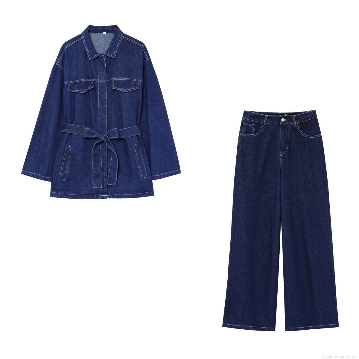 Women's Western Style Denim Suit 2025 Spring Streetwear Tie Waist Denim Jacket And Wide Leg Jeans Two Piece Set Dark Blue Long Sleeve Casual Outfits For Women Women's Western Style Denim Suit 2025 Spring Streetwear Tie Waist Denim Jacket And Wide Leg Jeans Two Piece Set Dark Blue Long Sleeve Casual Outfits For Women