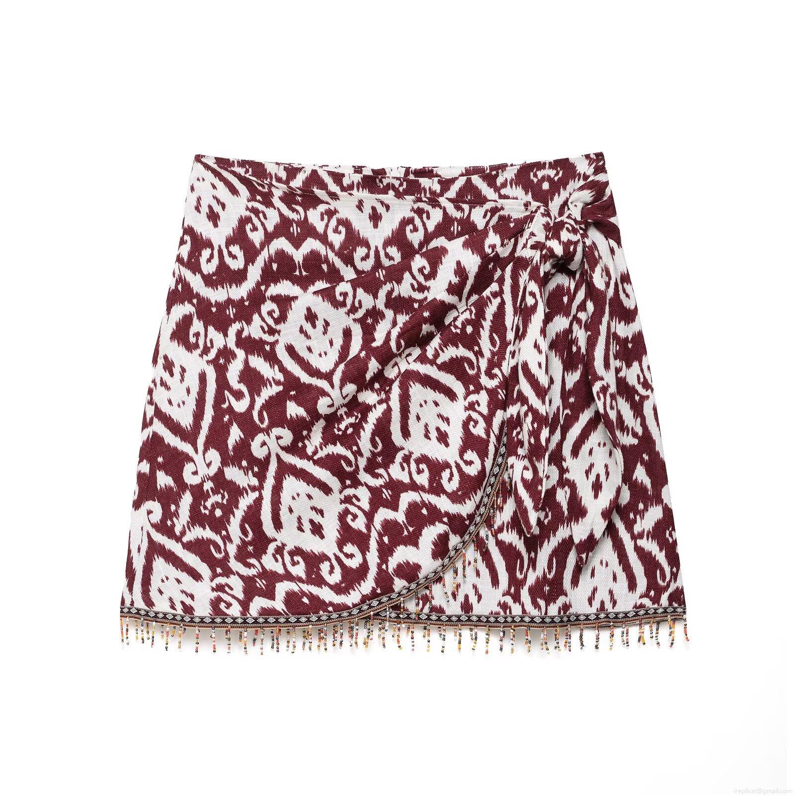 Women\'s Bohemian Ethnic Ikat Print Two Piece Set Polyester Short Sleeve Crop Shirt and Bead Tassel Wrap Mini Skirt Vacation Summer Casual Outfit