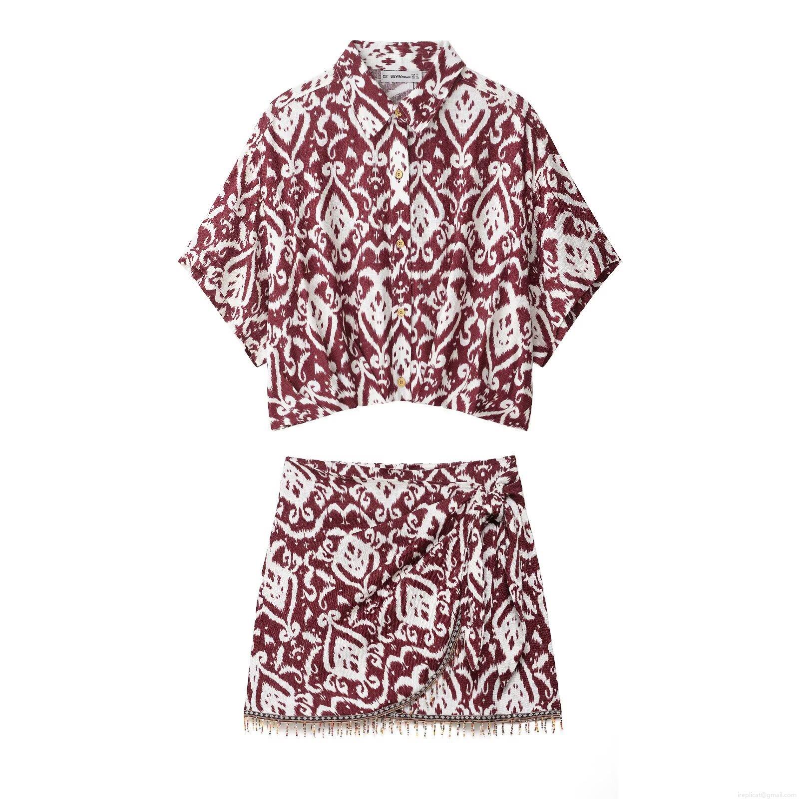 Women\'s Bohemian Ethnic Ikat Print Two Piece Set Polyester Short Sleeve Crop Shirt and Bead Tassel Wrap Mini Skirt Vacation Summer Casual Outfit