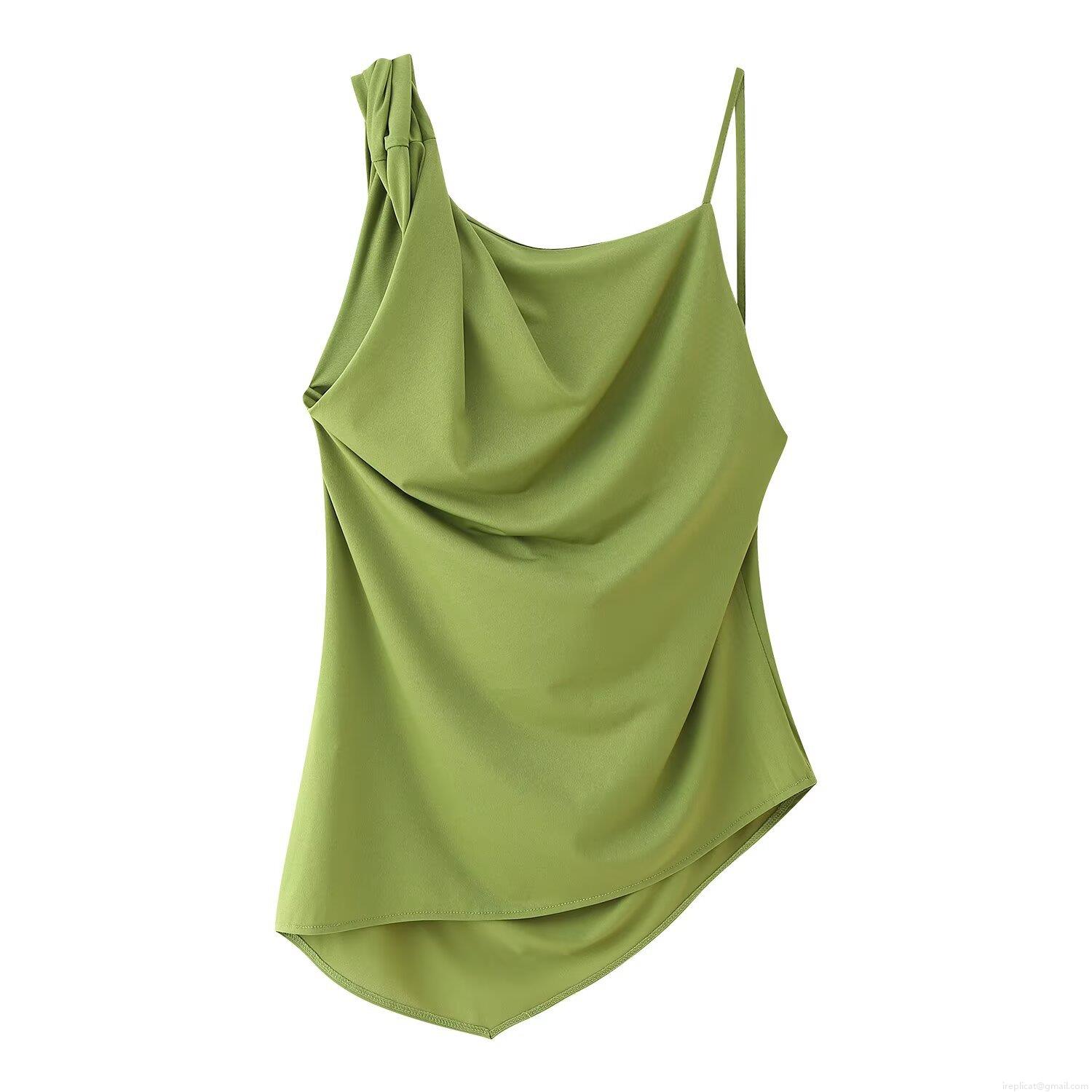 Women Summer Avocado Green Two Piece Set Sexy Asymmetric One Shoulder Pleated Top And Elastic High Waist Wide Leg Pants Suit For Party Vacation Casual