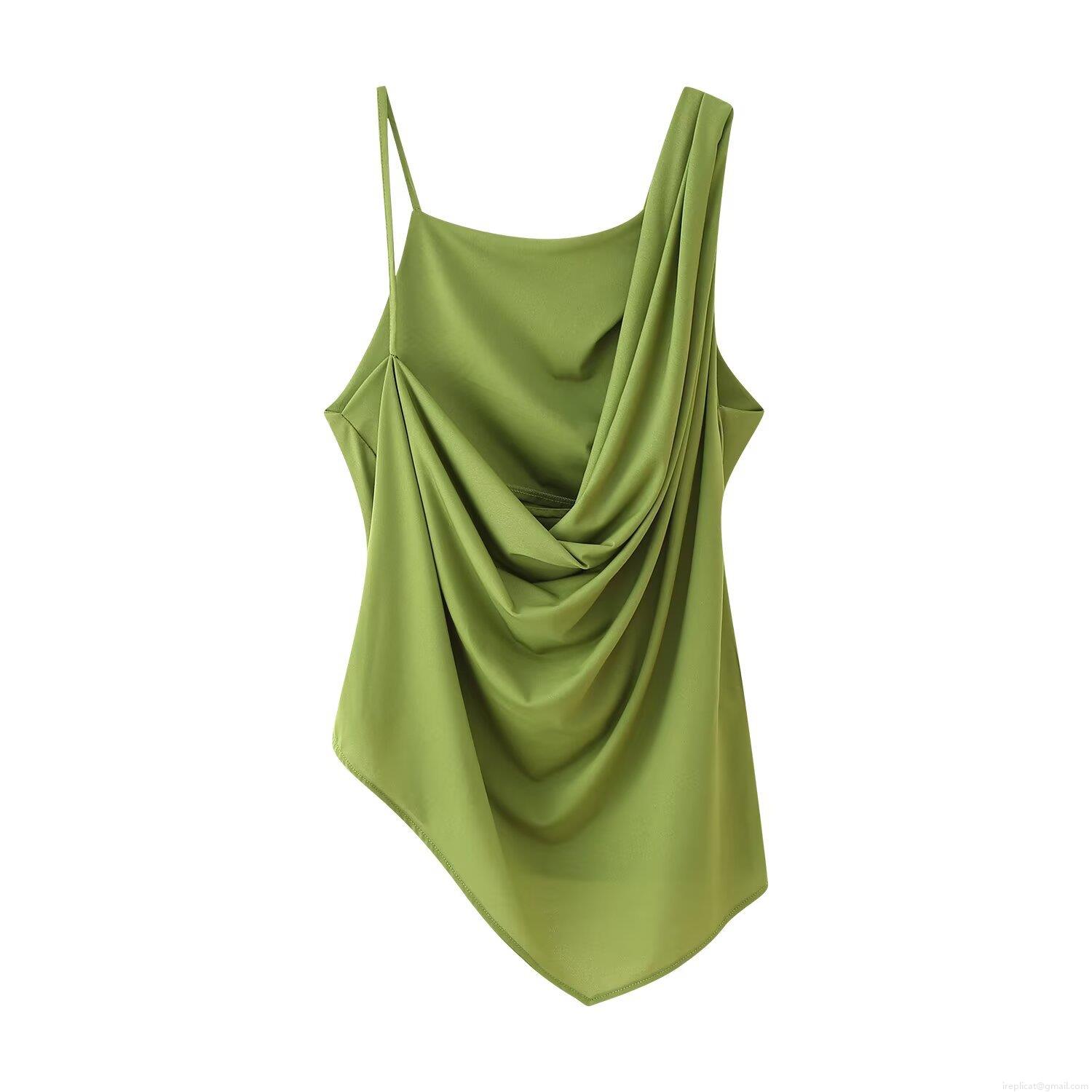 Women Summer Avocado Green Two Piece Set Sexy Asymmetric One Shoulder Pleated Top And Elastic High Waist Wide Leg Pants Suit For Party Vacation Casual