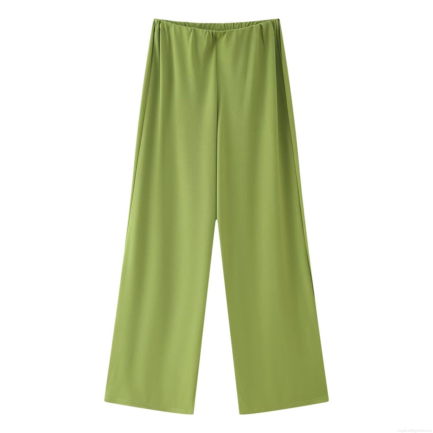 Women Summer Avocado Green Two Piece Set Sexy Asymmetric One Shoulder Pleated Top And Elastic High Waist Wide Leg Pants Suit For Party Vacation Casual