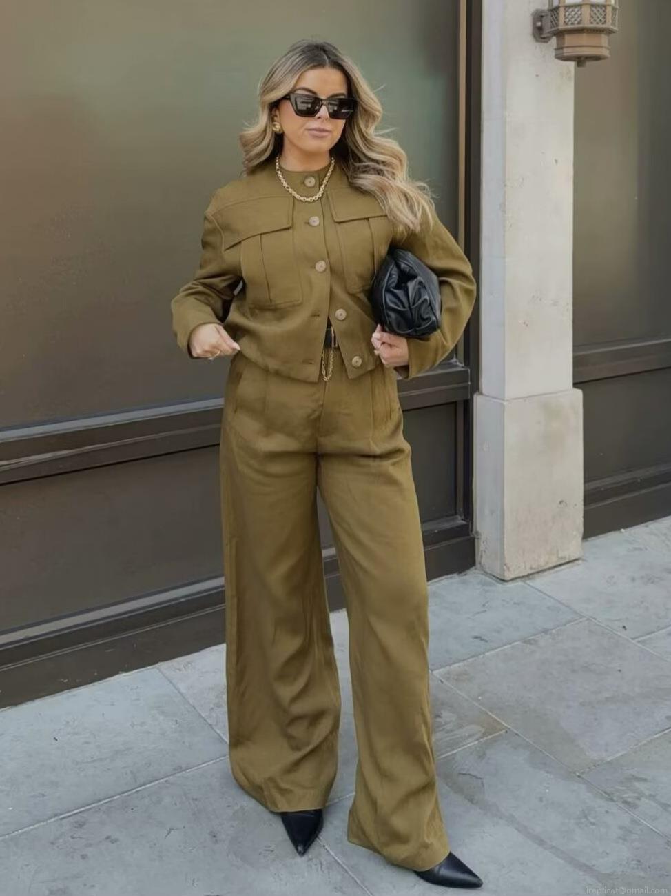 Women\'s Two Piece Set Solid Color Utility Crop Jacket And High Waist Wide Leg Pants Fall Autumn Outfits 100% Polyester Streetwear Casual Clothing For Women