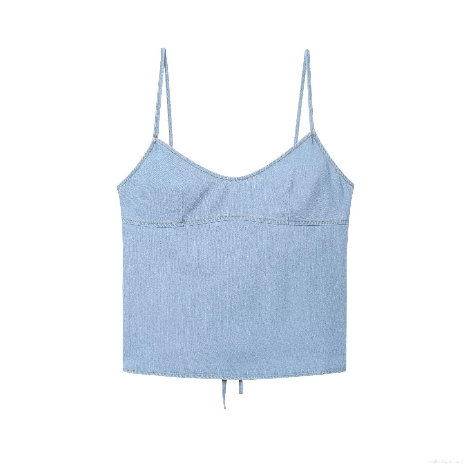 Women\'s 2-Piece Denim Set Light Blue Cami Top with Back Lace-Up and Bow Tie Straight Leg Jeans Streetwear Outfit for Summer Casual Wear