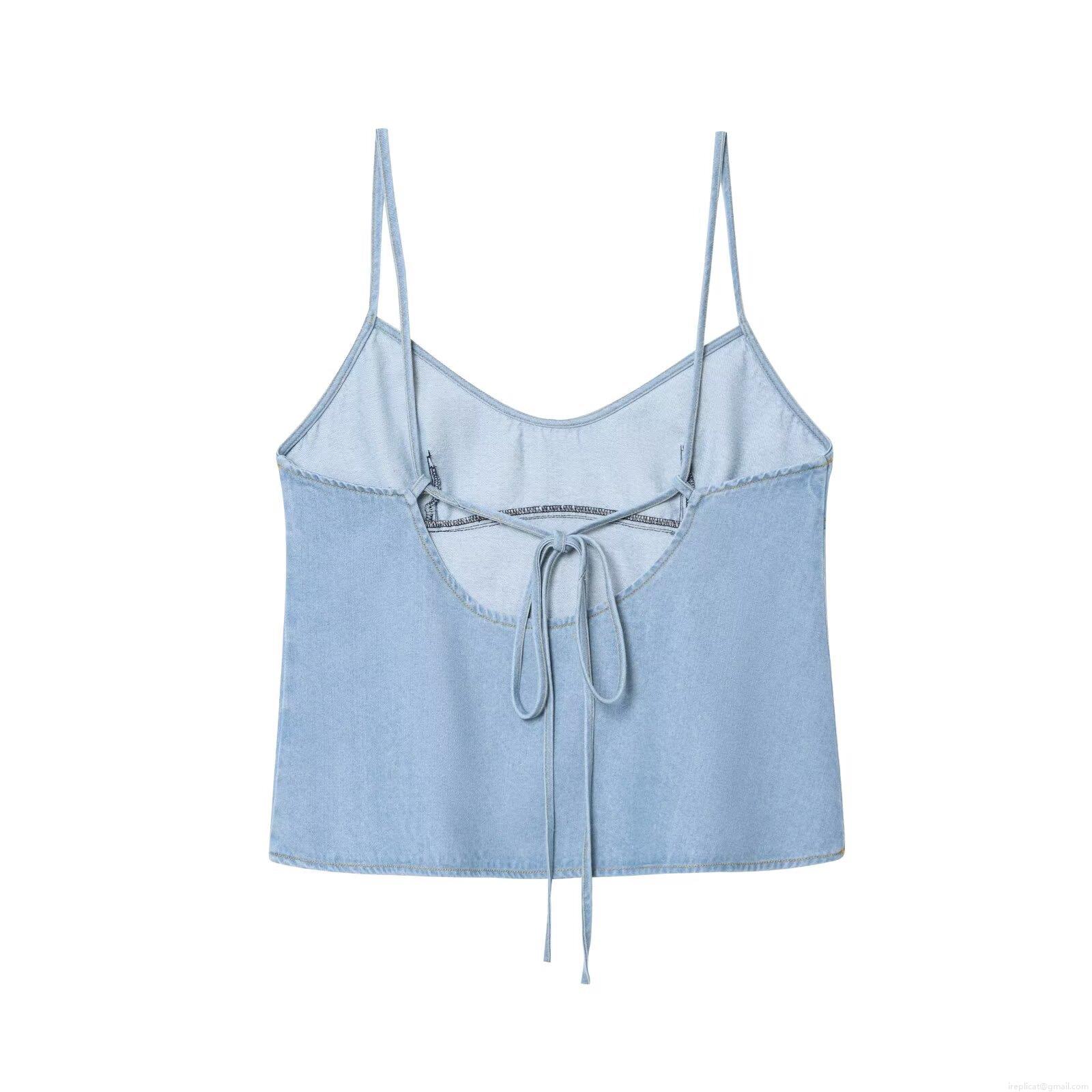 Women\'s 2-Piece Denim Set Light Blue Cami Top with Back Lace-Up and Bow Tie Straight Leg Jeans Streetwear Outfit for Summer Casual Wear