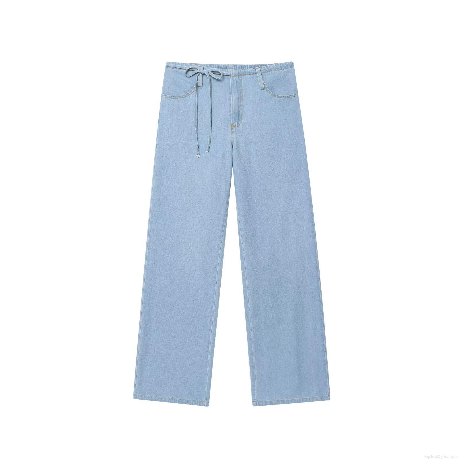 Women\'s 2-Piece Denim Set Light Blue Cami Top with Back Lace-Up and Bow Tie Straight Leg Jeans Streetwear Outfit for Summer Casual Wear