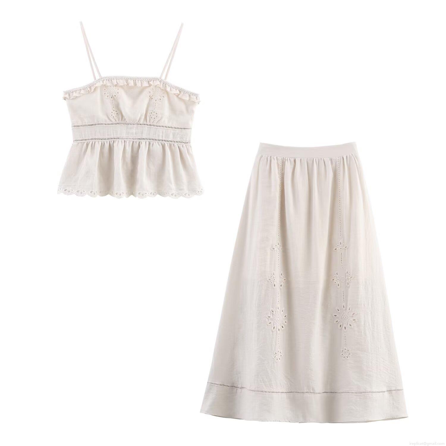 Women\'s Summer 2-Piece Skirt Set Cotton Blend Eyelet Embroidery Camisole Crop Top And A-Line Long Maxi Skirt Boho Beach Vacation Outfits