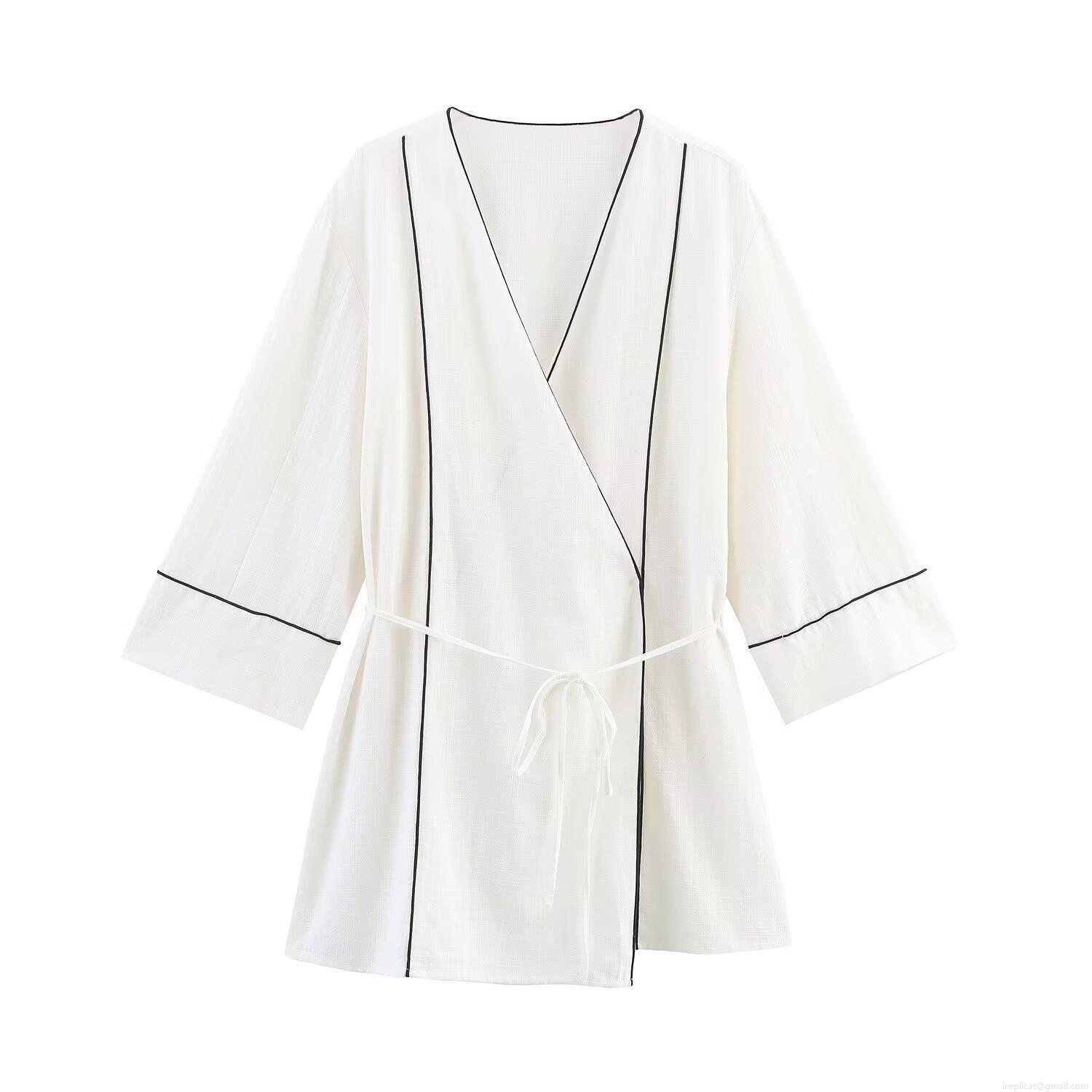 Women Elegant Contrast Trim Two Piece Set V Neck Long Sleeve Tie Waist Jacket And High Waist Wide Leg Pants Casual Loungewear Suite White