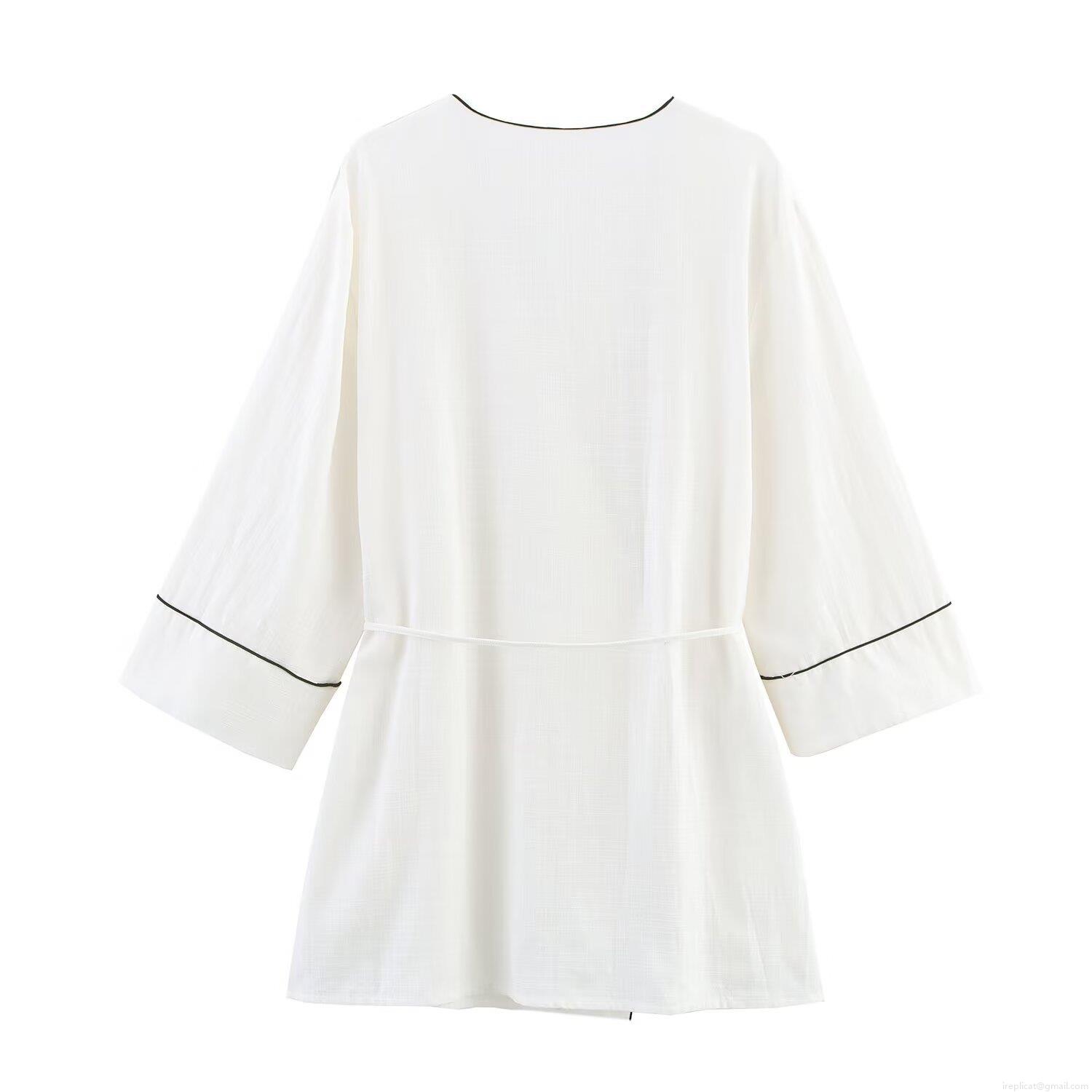Women Elegant Contrast Trim Two Piece Set V Neck Long Sleeve Tie Waist Jacket And High Waist Wide Leg Pants Casual Loungewear Suite White