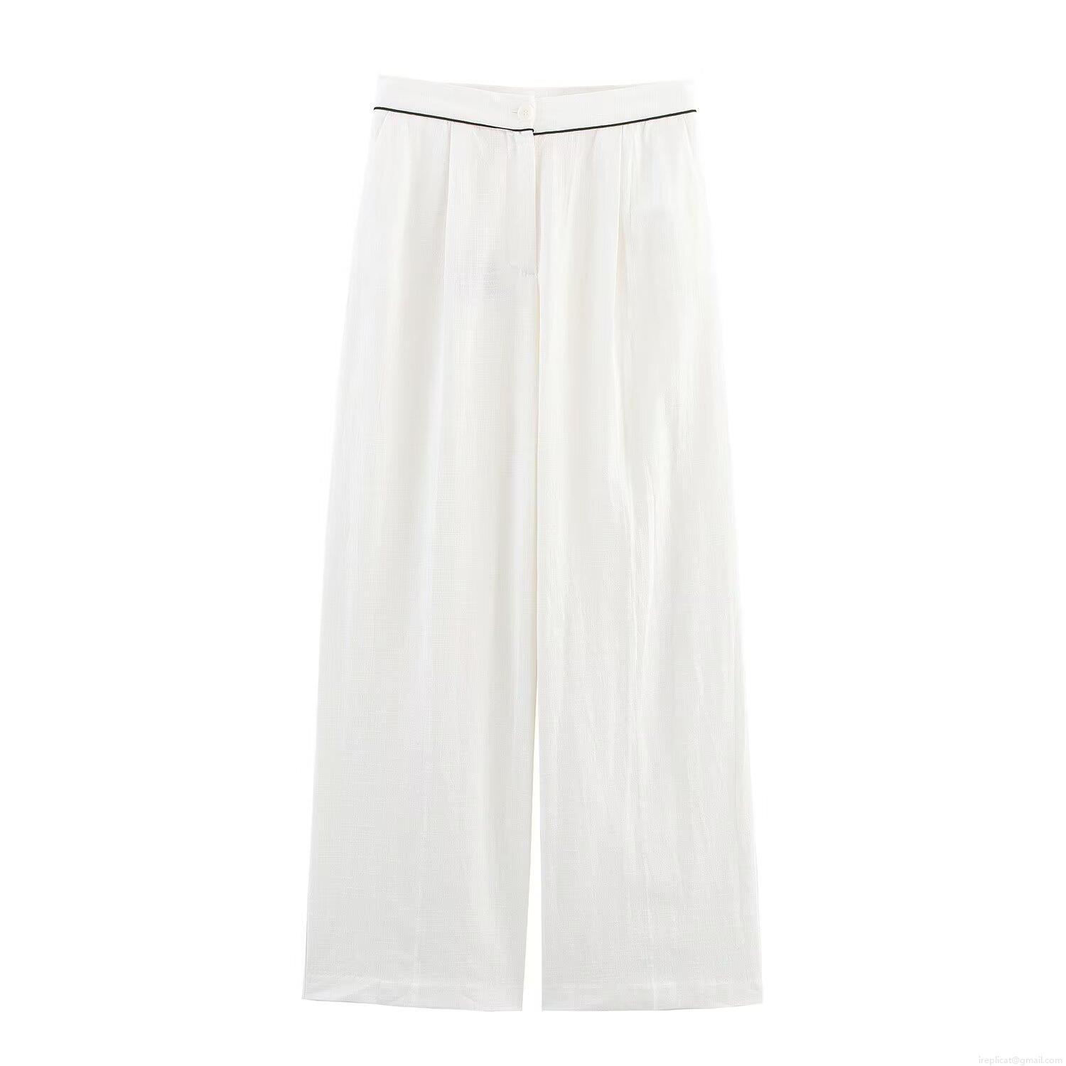 Women Elegant Contrast Trim Two Piece Set V Neck Long Sleeve Tie Waist Jacket And High Waist Wide Leg Pants Casual Loungewear Suite White