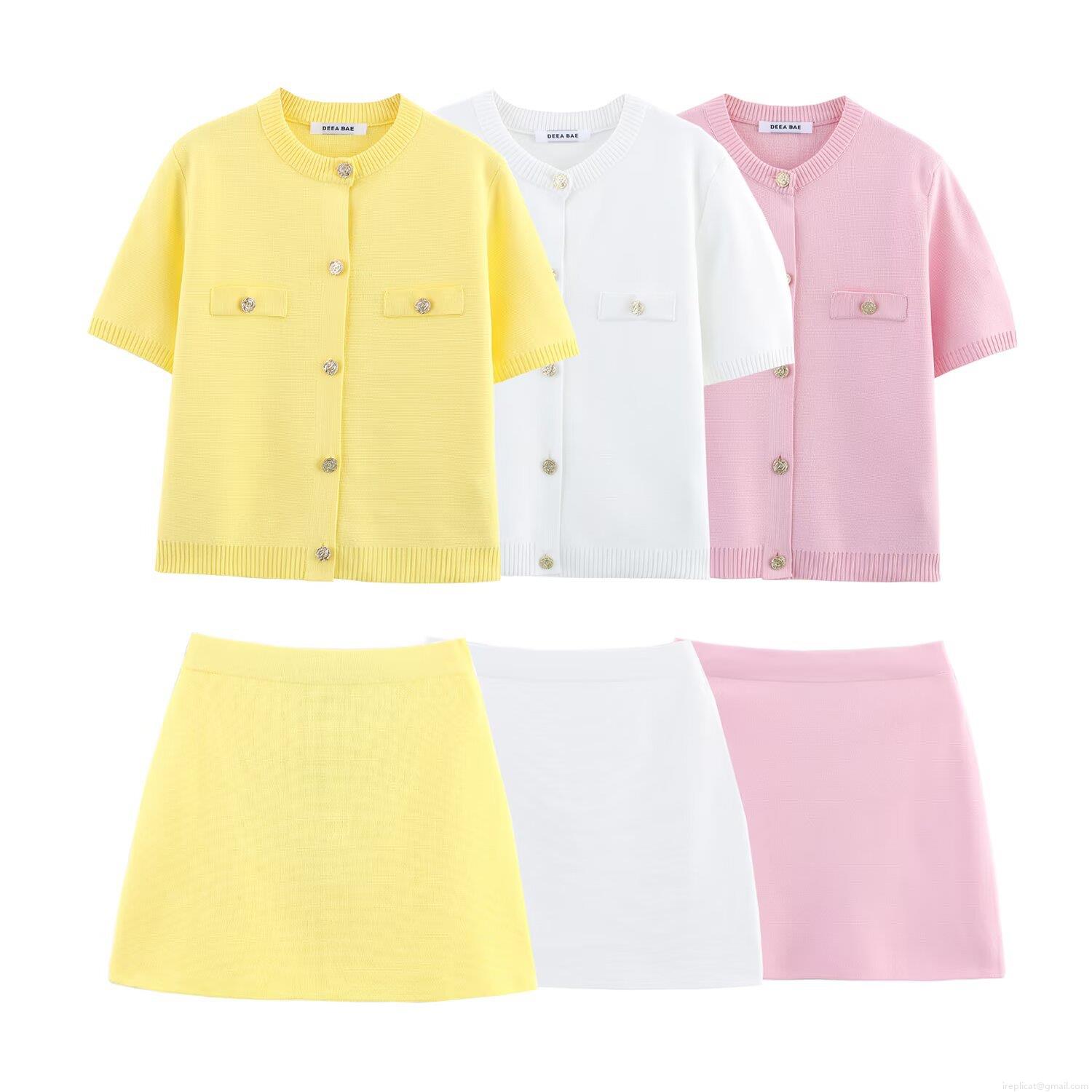 Women's Elegant Two-Piece Knit Skirt Set Summer Short Sleeve Button-Down Cardigan Top And High Waist Mini A-Line Skirt Outfit Streetwear For Women Women's Elegant Two-Piece Knit Skirt Set Summer Short Sleeve Button-Down Cardigan Top And High Waist Mini A-Line Skirt Outfit Streetwear For Women