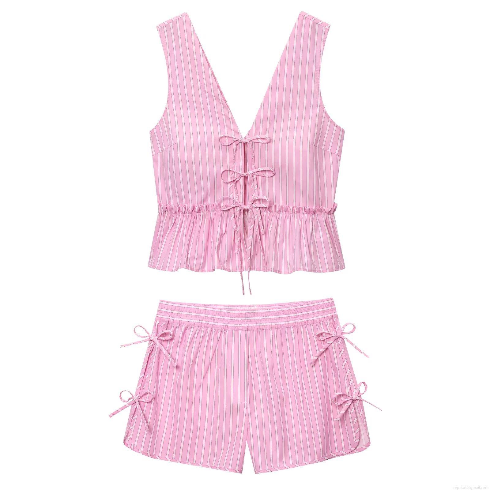 Women's Pink White Striped 2 Piece Shorts Set Polyester Cotton Blend Bow Tie Deep V-Neck Ruffle Hem Sleeveless Crop Top Elastic Waist Beach Casual Summer Outfit
