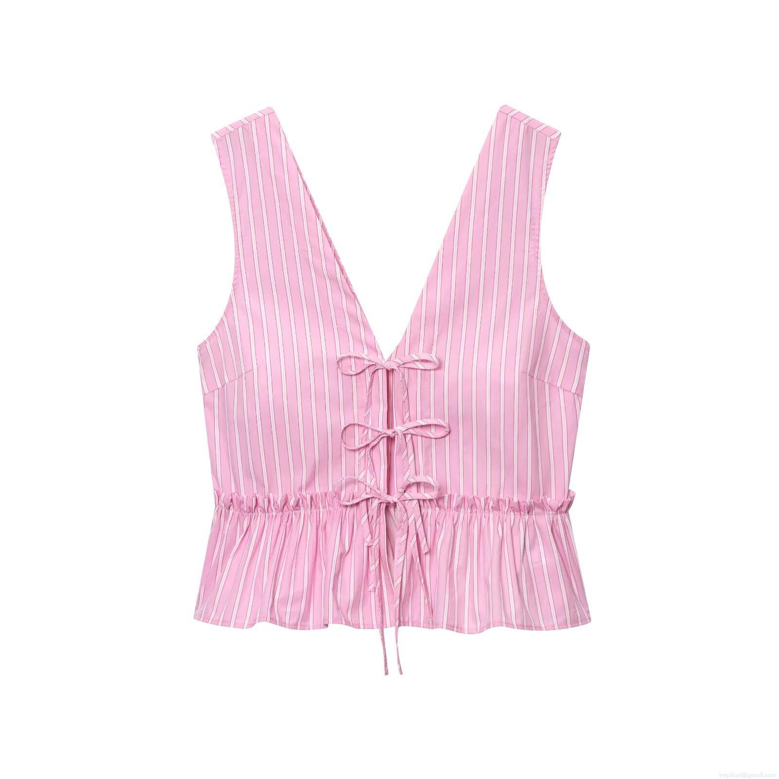 Women\'s Pink White Striped 2 Piece Shorts Set Polyester Cotton Blend Bow Tie Deep V-Neck Ruffle Hem Sleeveless Crop Top Elastic Waist Beach Casual Summer Outfit