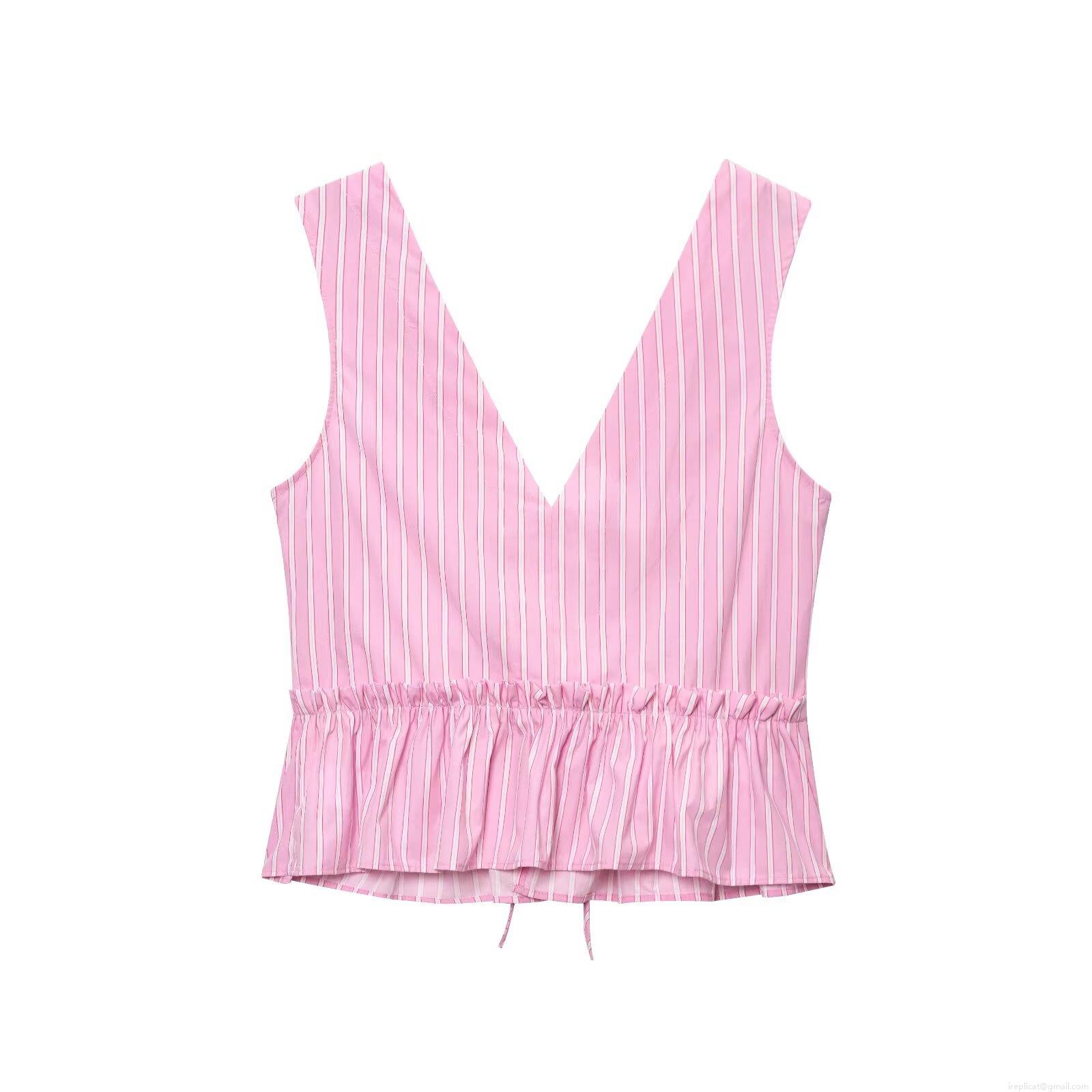Women\'s Pink White Striped 2 Piece Shorts Set Polyester Cotton Blend Bow Tie Deep V-Neck Ruffle Hem Sleeveless Crop Top Elastic Waist Beach Casual Summer Outfit
