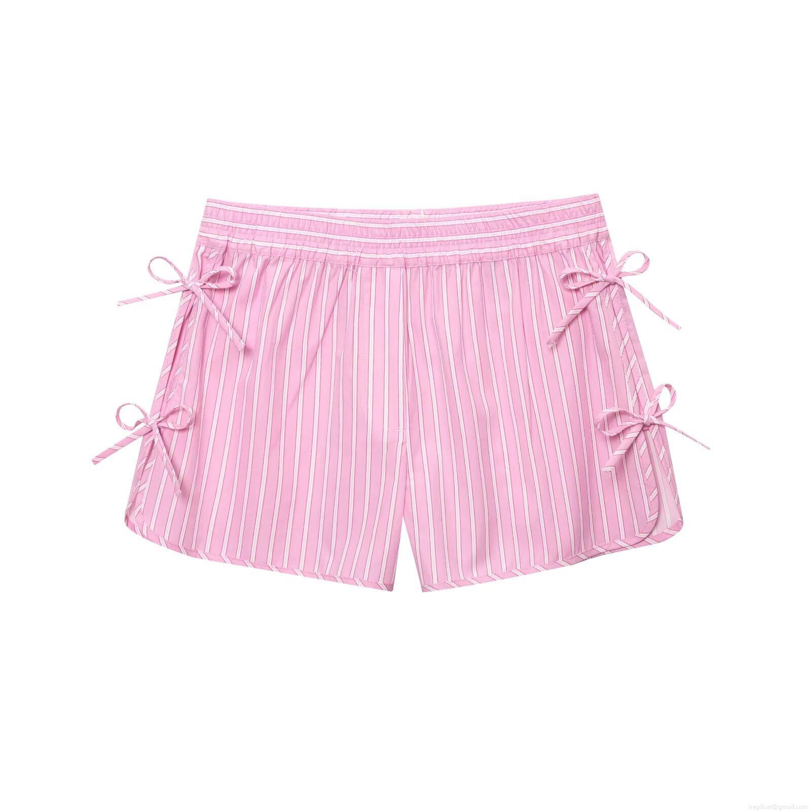 Women\'s Pink White Striped 2 Piece Shorts Set Polyester Cotton Blend Bow Tie Deep V-Neck Ruffle Hem Sleeveless Crop Top Elastic Waist Beach Casual Summer Outfit