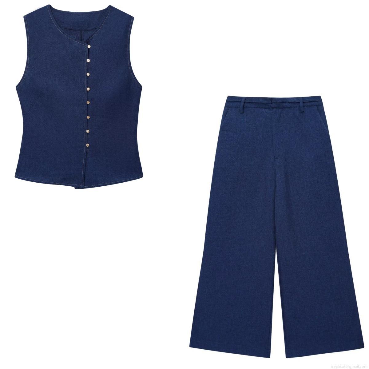 Summer Street Style Sleeveless Button Vest and High Waist Wide Leg Pants Two Piece Set for Women Solid Color Polyester Outfits Elegant Party Outfits