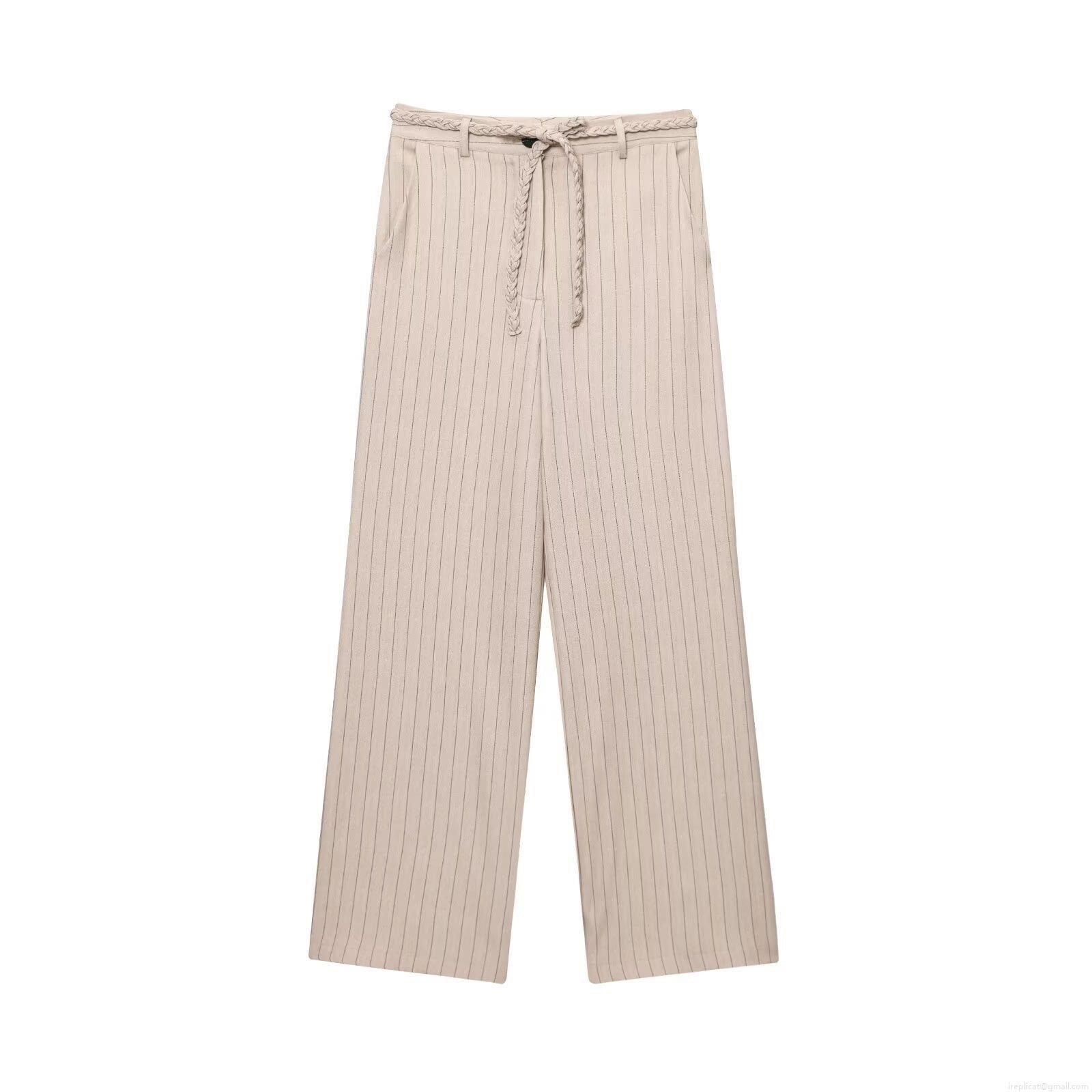 Women\'s 2-Piece Striped Outfit Set Sleeveless Short Vest Top and High Waist Wide Leg Pants with Woven Belt Summer Casual Streetwear Suit