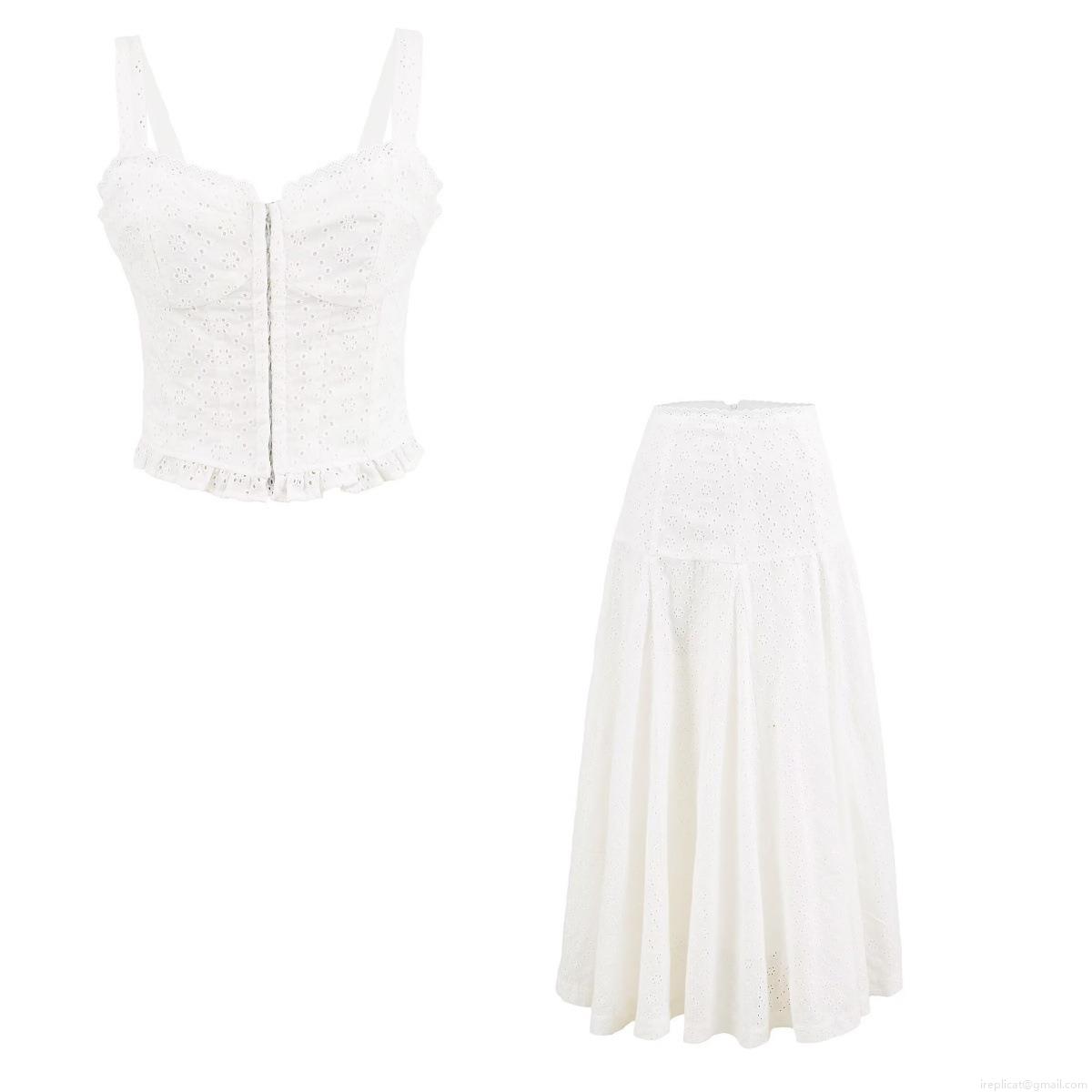 Women's Two Piece Summer Eyelet Lace Set White Bohemian Embroidery Cropped Cami Top And High Waist A-Line Maxi Skirt Set French Country Style Vacation Clothing For Women