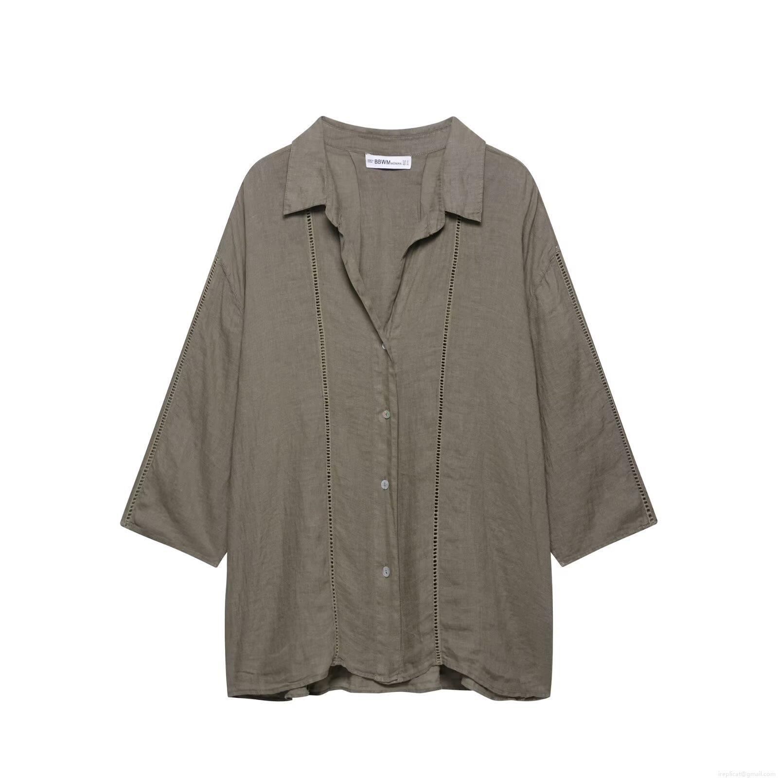 Women\'s Casual Two Piece Set Polyester Linen Texture Long Sleeve Button Down Shirt And Drawstring Wide Leg Pants Hollow Out Ladder Stitch Decor Streetwear Lounge Suit