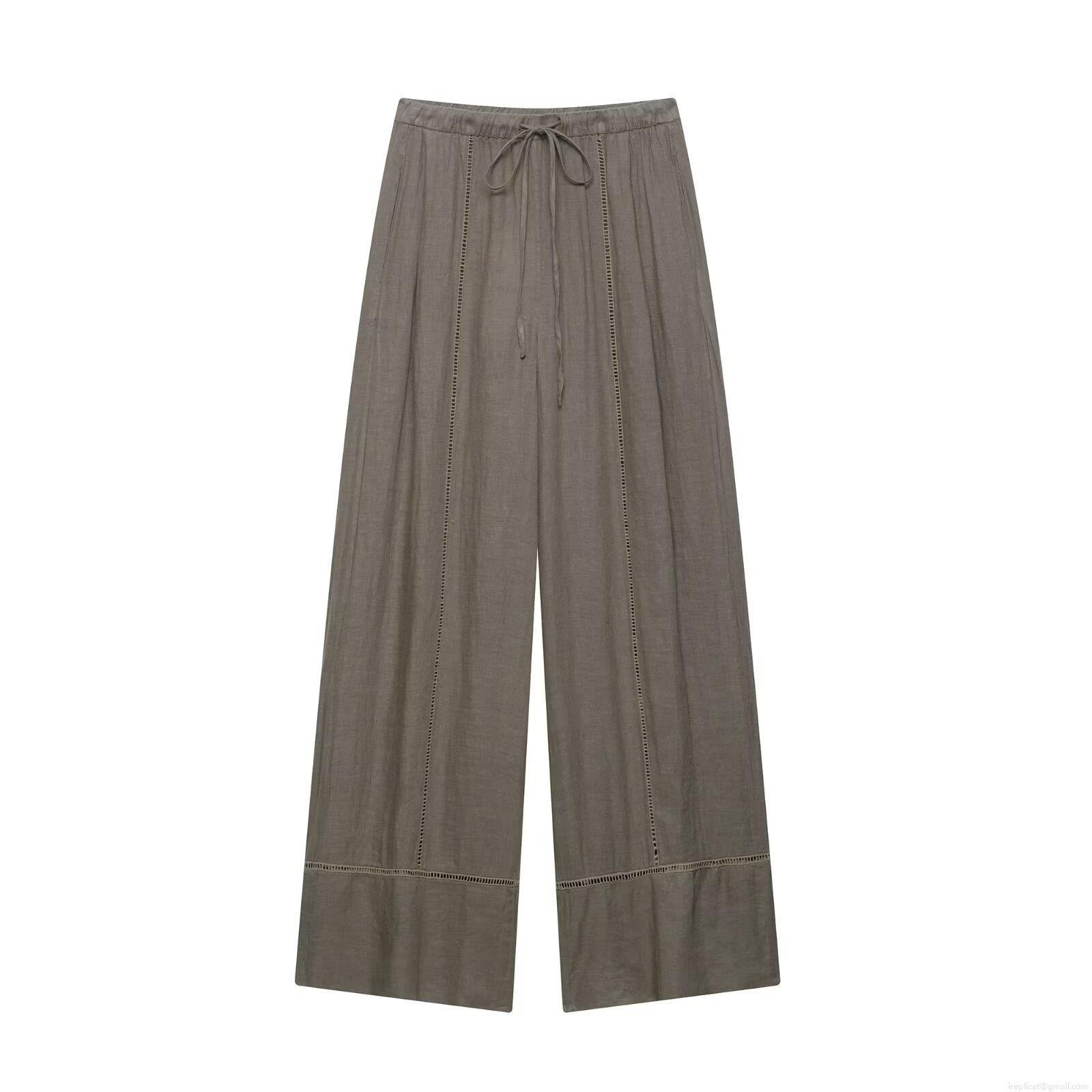 Women\'s Casual Two Piece Set Polyester Linen Texture Long Sleeve Button Down Shirt And Drawstring Wide Leg Pants Hollow Out Ladder Stitch Decor Streetwear Lounge Suit