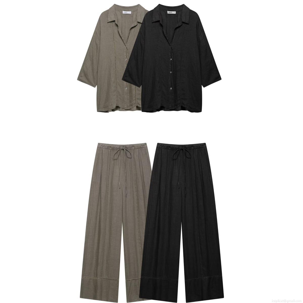 Women\'s Casual Two Piece Set Polyester Linen Texture Long Sleeve Button Down Shirt And Drawstring Wide Leg Pants Hollow Out Ladder Stitch Decor Streetwear Lounge Suit