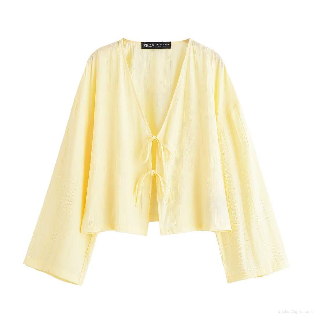 Women Casual 2-Piece Crinkle Set Polyester V-Neck Tie-Front Long Sleeve Top And Elastic Drawstring Shorts Summer Streetwear Lounge Outfit