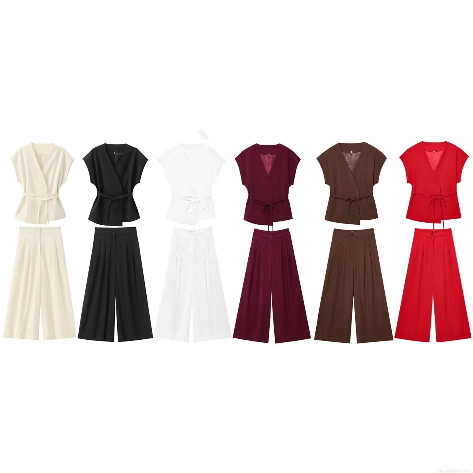Women's 2 Piece Summer Set V Neck Sleeveless Tie-Up Top And High Waist Wide Leg Pleated Pants Casual Chic Streetwear Suits Solid Color Polyester Outfits