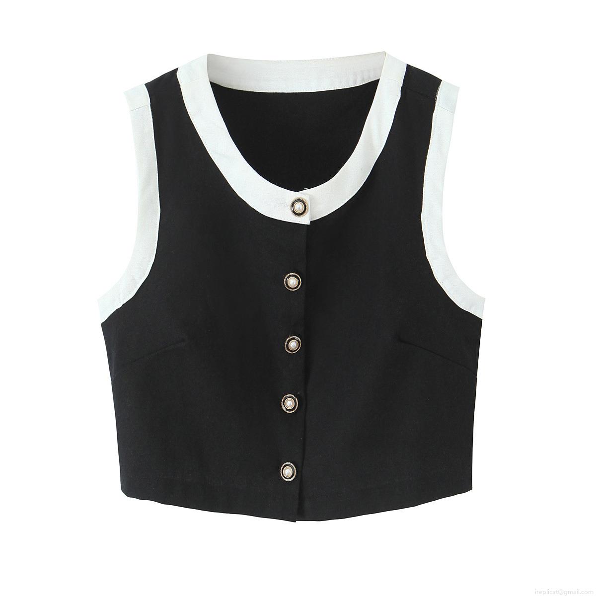 Women\'s Summer Two Piece Set Contrast Color Sleeveless Vest And High Waist Shorts Chic Cotton Linen Blend Outfit With Pearl Buttons Streetwear
