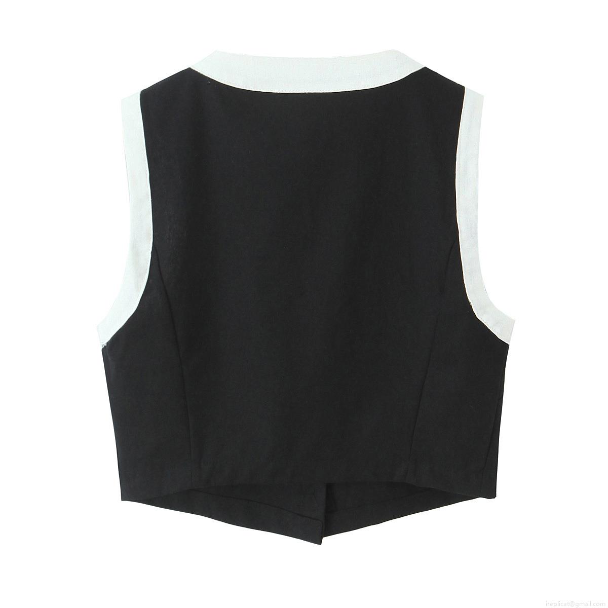 Women\'s Summer Two Piece Set Contrast Color Sleeveless Vest And High Waist Shorts Chic Cotton Linen Blend Outfit With Pearl Buttons Streetwear