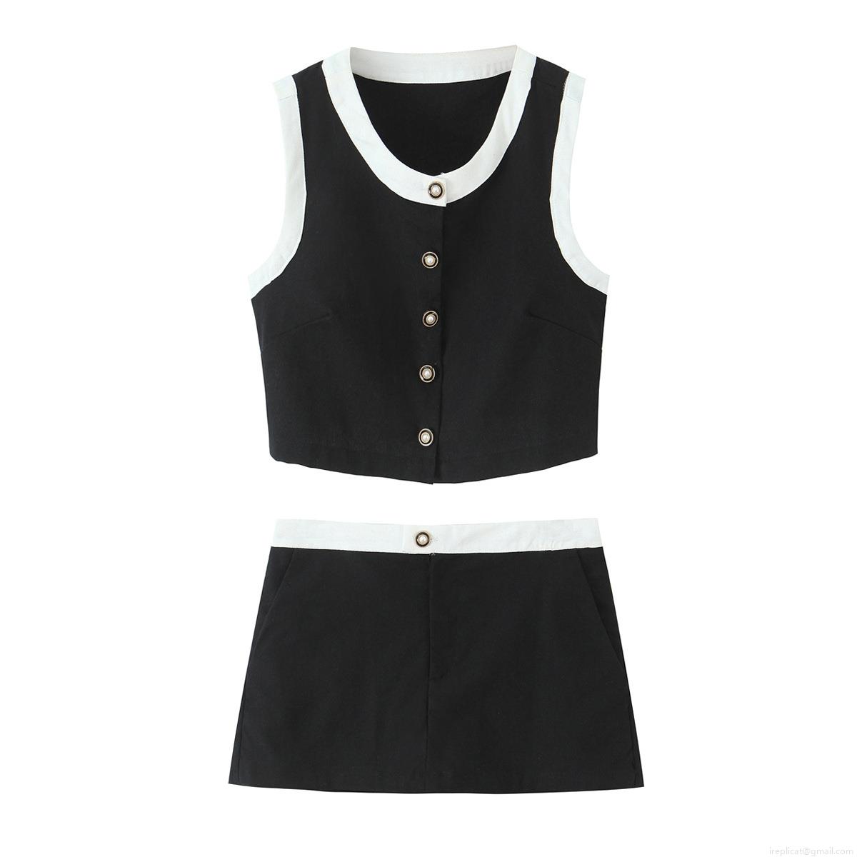 Women\'s Summer Two Piece Set Contrast Color Sleeveless Vest And High Waist Shorts Chic Cotton Linen Blend Outfit With Pearl Buttons Streetwear