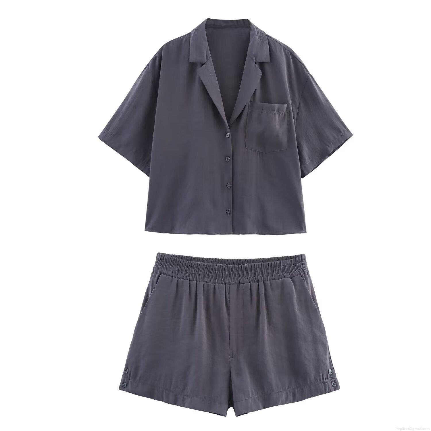 Women\'s Summer Two Piece Set Short Sleeve Lapel Shirt And Elastic Waist Shorts Casual Solid Color Khaki Grey Streetwear Lounge Wear Tencel Twill Outfit
