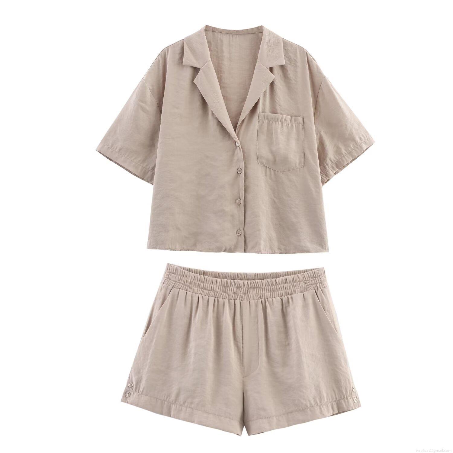Women\'s Summer Two Piece Set Short Sleeve Lapel Shirt And Elastic Waist Shorts Casual Solid Color Khaki Grey Streetwear Lounge Wear Tencel Twill Outfit