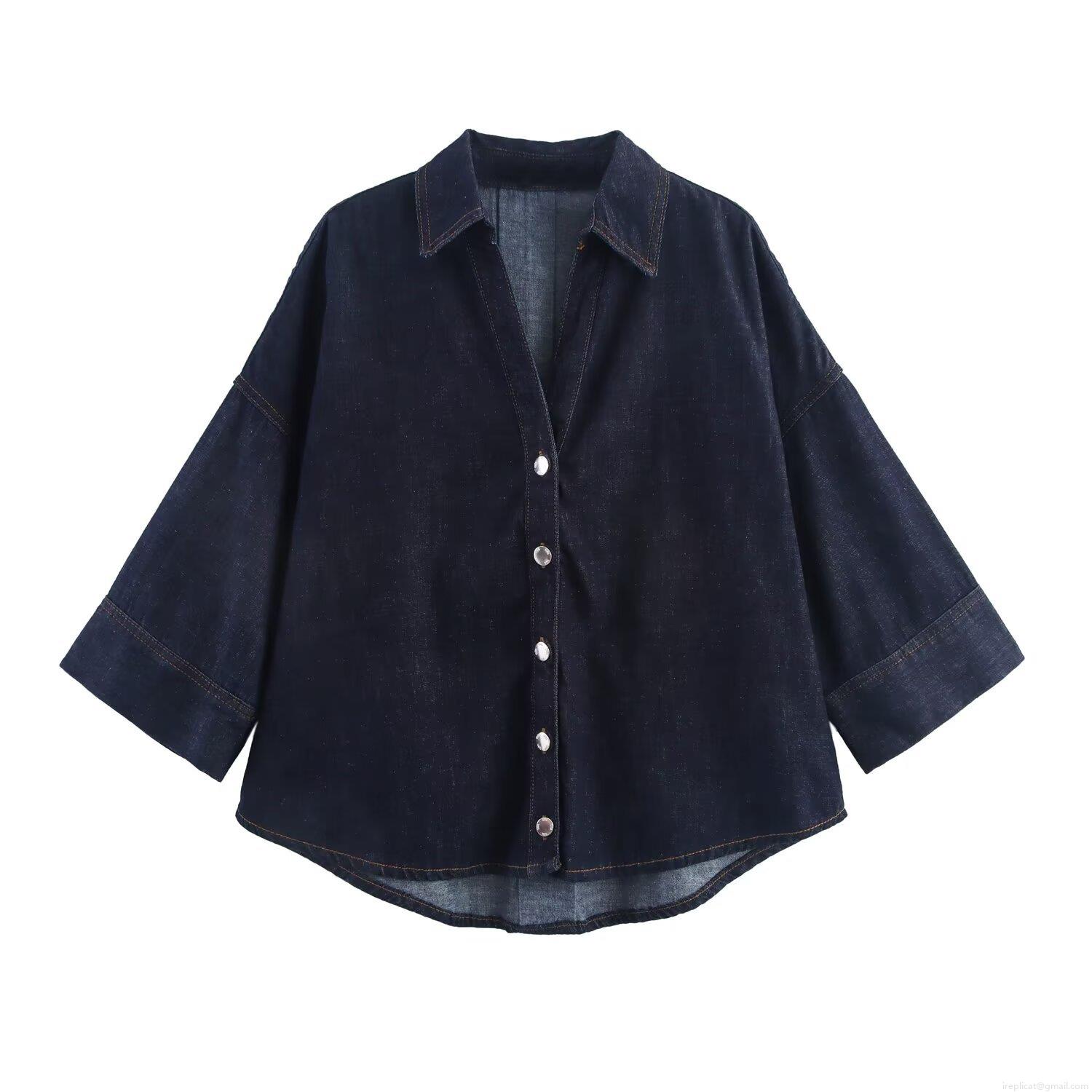Women\'s 2 Piece Denim Set Long Sleeve Button Down Lapel Shirt And High Waist Elastic Wide Leg Pants Outfits Retro Distressed Indigo Jean Suits