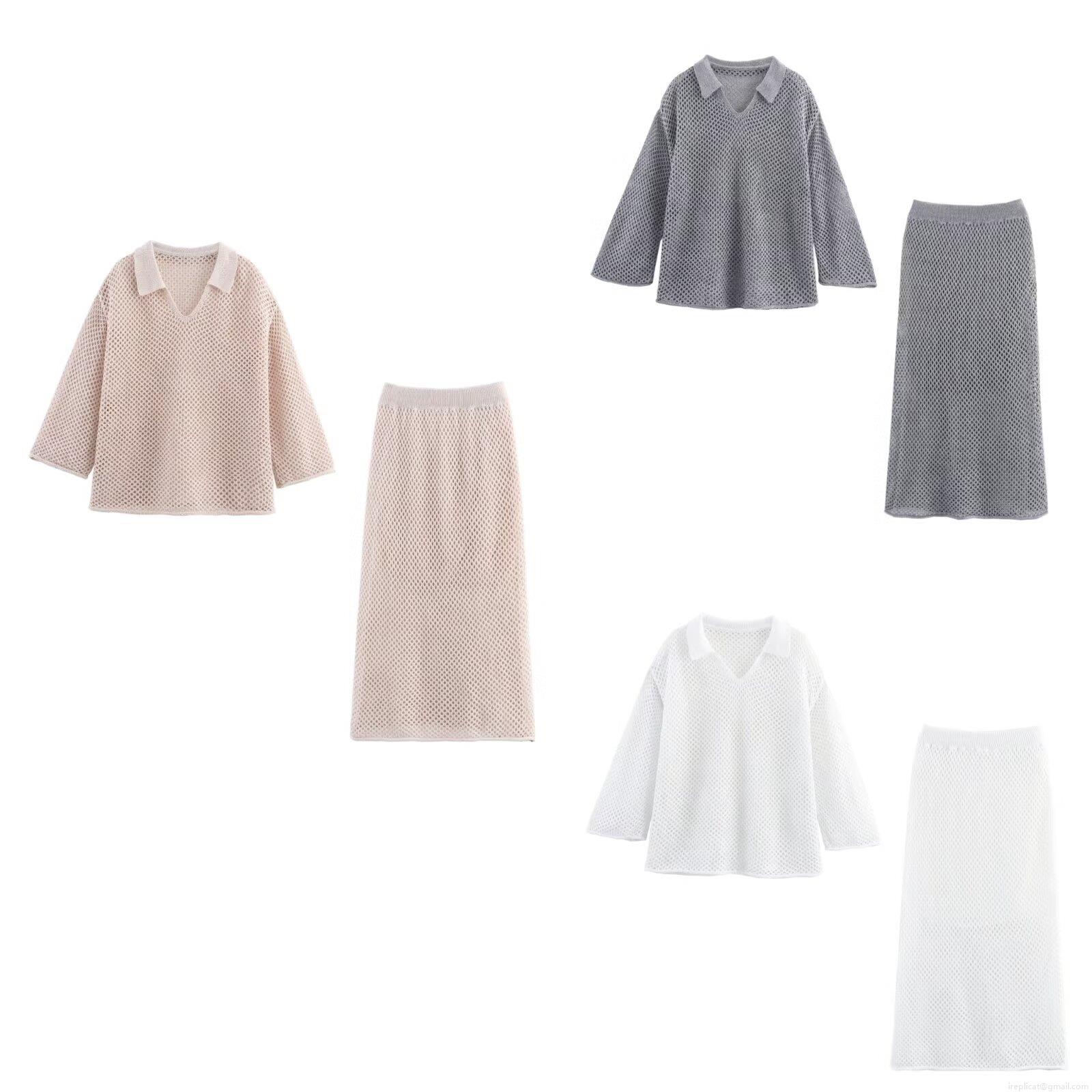 Women's Hollow Knit Two Piece Skirt Set Polyester Long Sleeve V Neck Polo Top And Elastic High Waist Mid Length Skirt Casual Streetwear Matching Outfits For Ladies