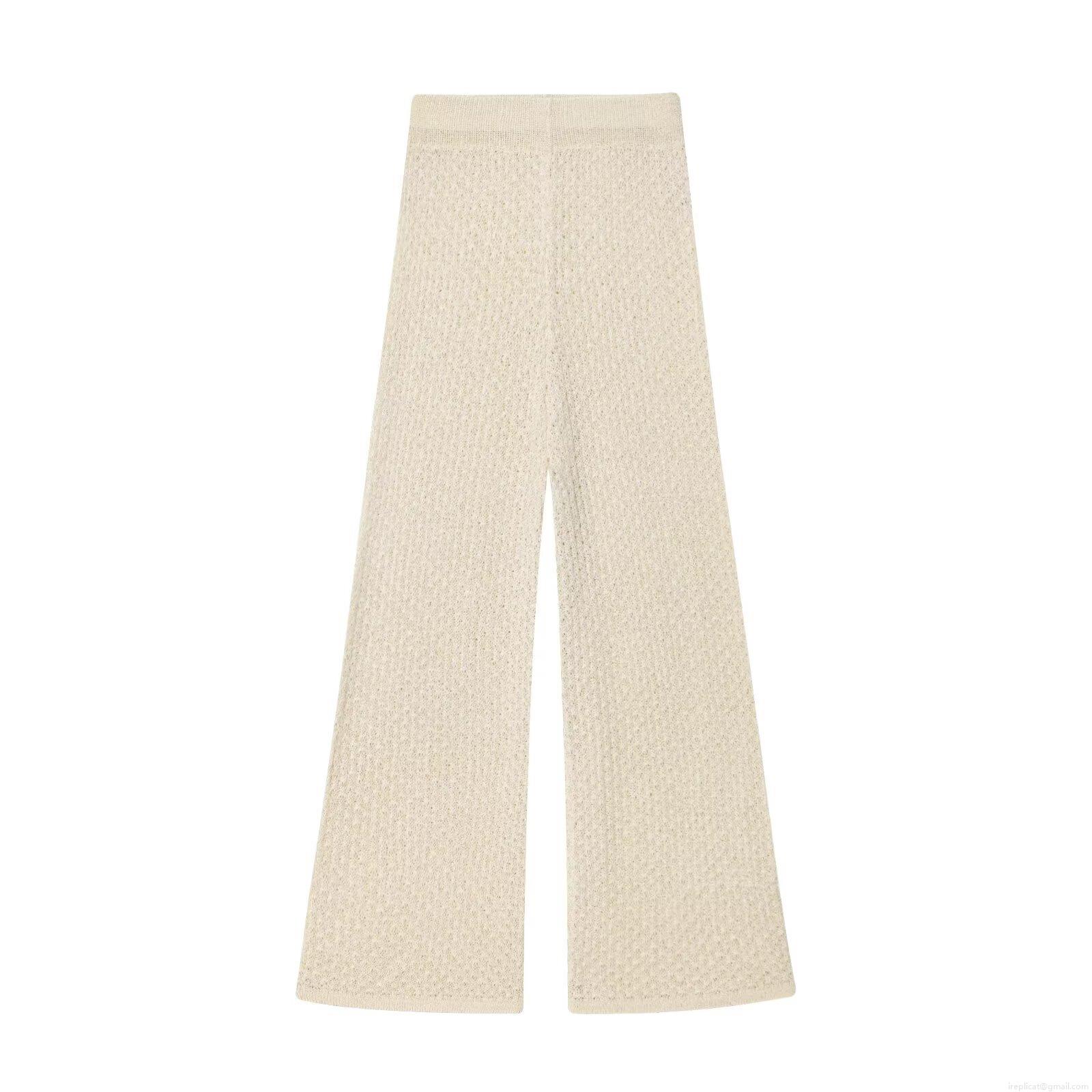 Women\'s Casual Metallic Thread Knit Two-Piece Set Mesh Hollow Out Long Sleeve Top And Wide Leg Pants Outfits Streetwear Oatmeal Beige Sets