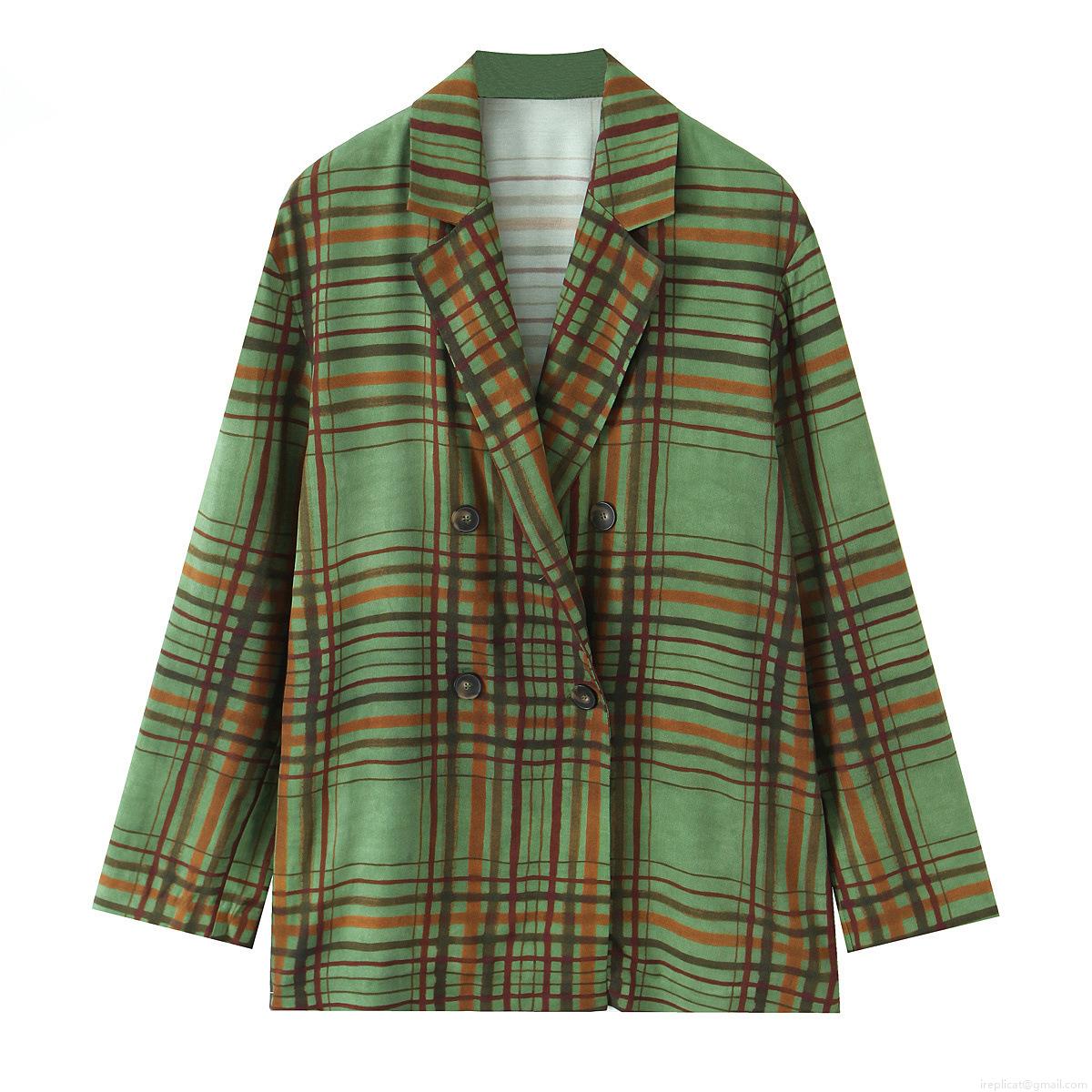 Women Retro Green Plaid Blazer and Pants Set Double Breasted Polyester Casual Suit Office Streetwear Fashion Two Piece Outfits