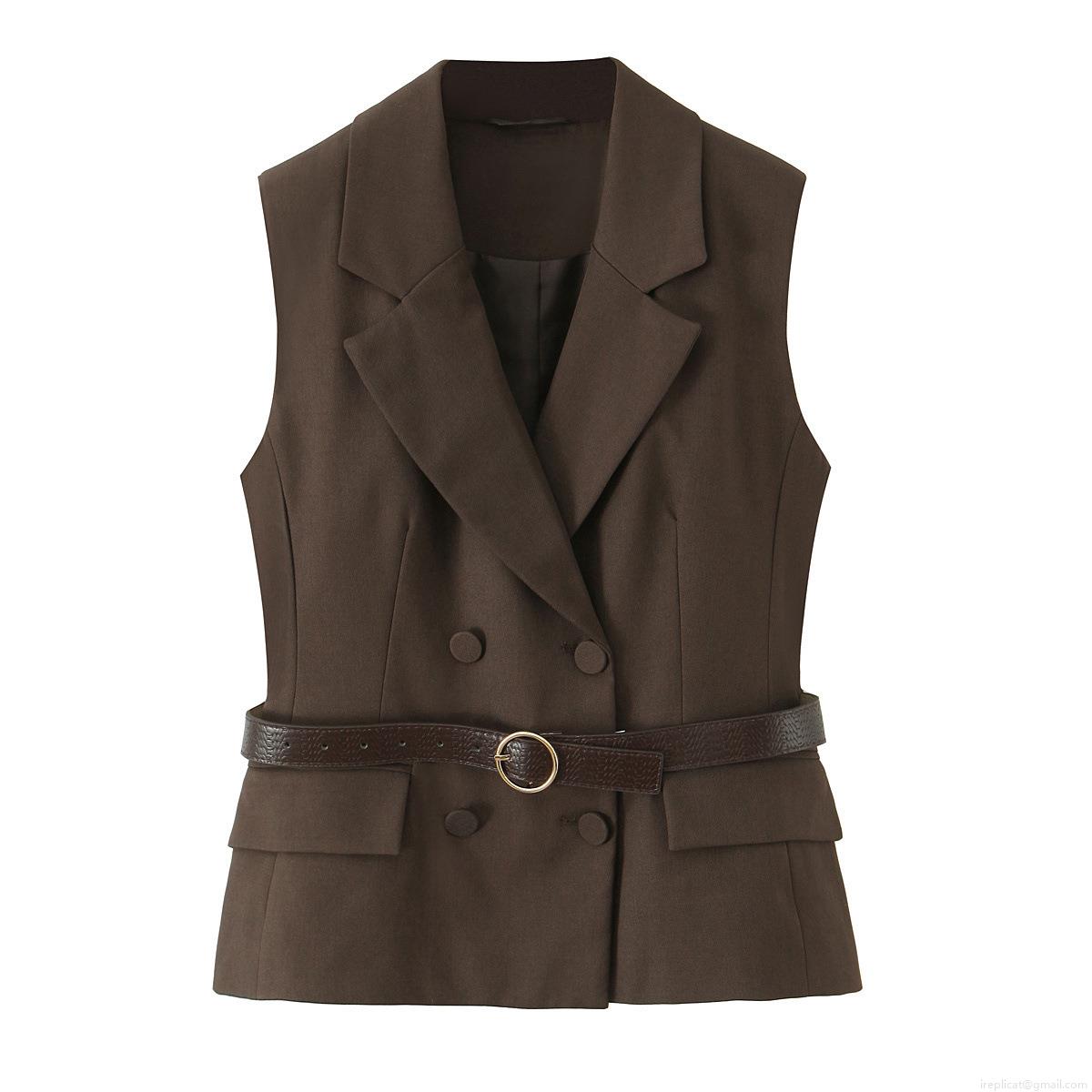 Women\'s 2-Piece Business Casual Vest And Pants Set Belted Double Breasted Waistcoat Solid Dark Brown Straight Leg Trousers Office Commute Outfit